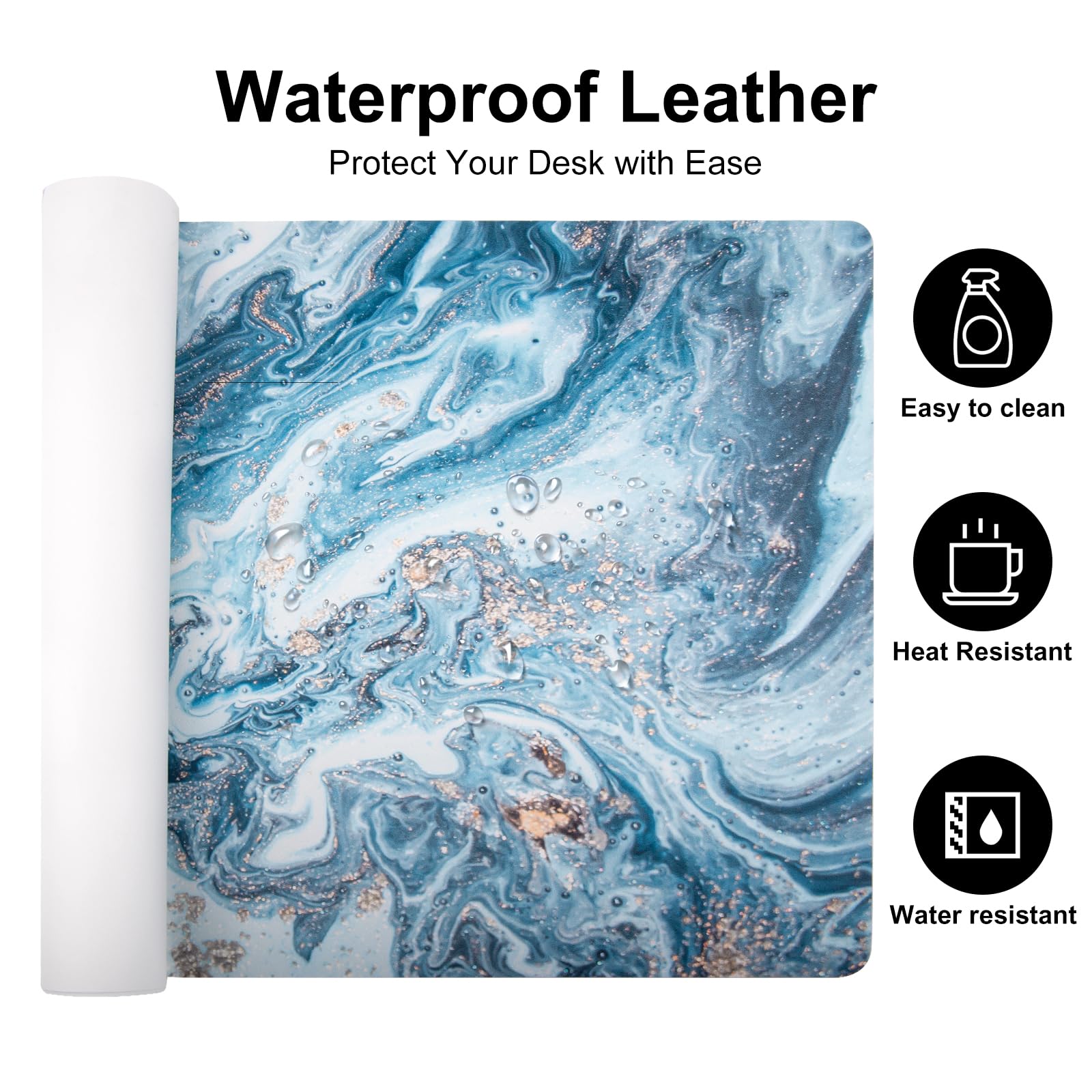 Premium Waterproof Blue & Gold Marble Desk Pad - Large 31.5
