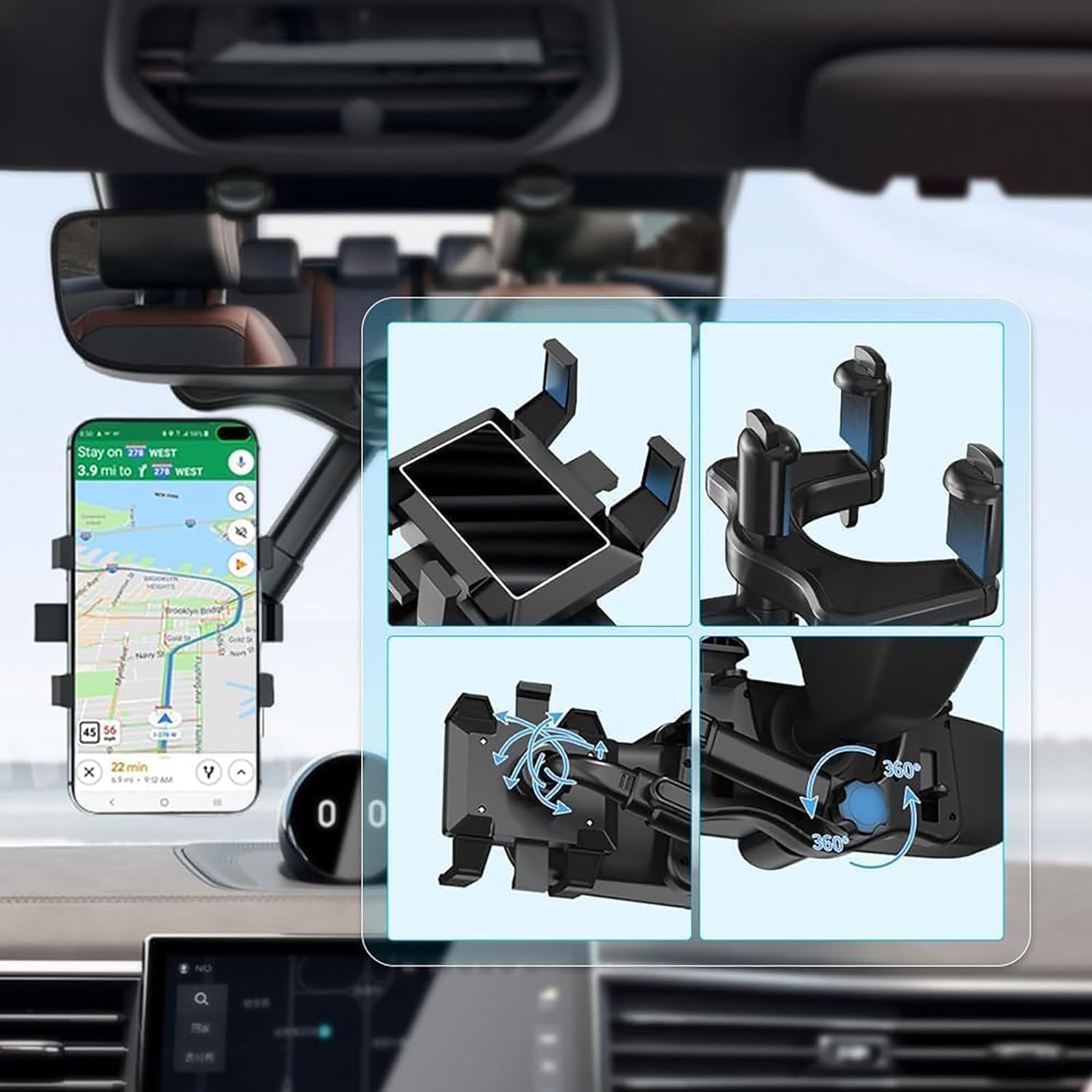 Satismoon 360° Rotatable Car Phone Holder - Universal Rearview Mirror Mount for iPhone, Samsung & More - Hands-Free Driving & GPS Navigation Accessory