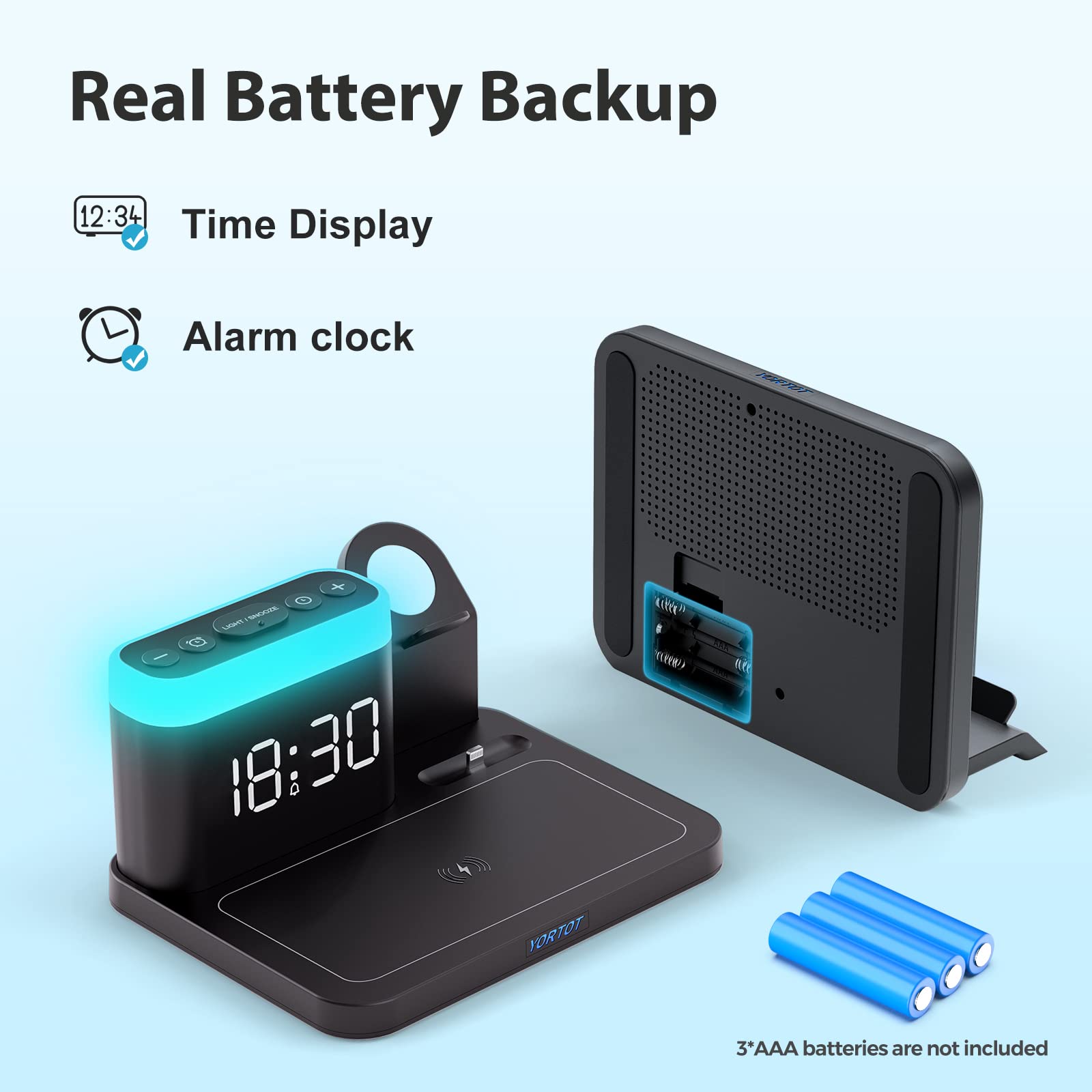5-in-1 Wireless Charging Station with Alarm Clock & 7 Night Lights - Fast Charging Dock for iPhone 16/15/14/13/12/11/Pro/Max/XR, Samsung Galaxy, Apple Watch 9/8/7/6/5/SE & AirPods (All Models) - Perfect for Bedside, Office Desk & Travel Use
