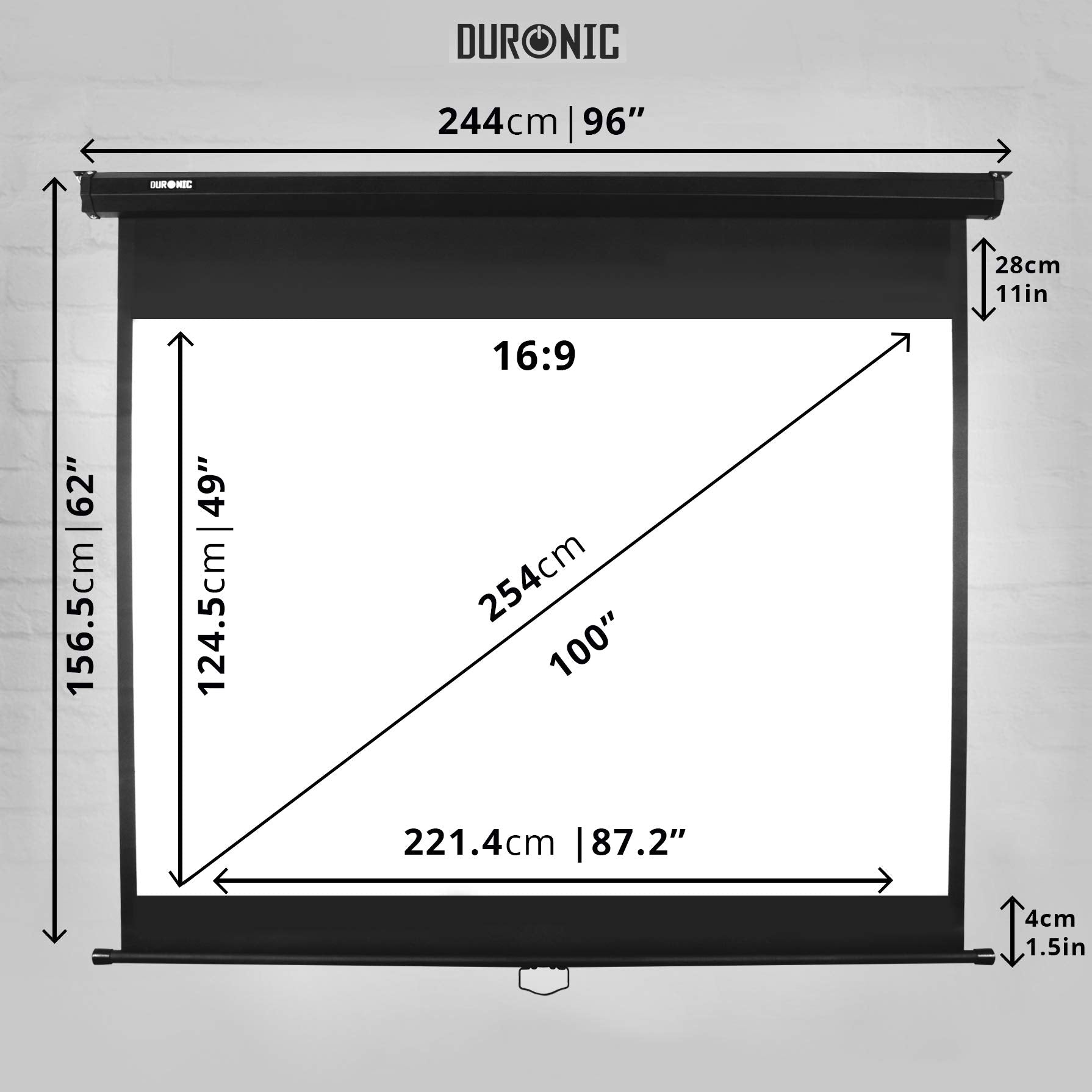 Duronic MPS100 100-Inch Manual Pull Down Projector Screen - 16:9 Aspect Ratio Home Theater & Movie Screen for Home Cinema, Classroom, Office Presentations | Perfect for Movie Nights, Business Meetings & School Presentations