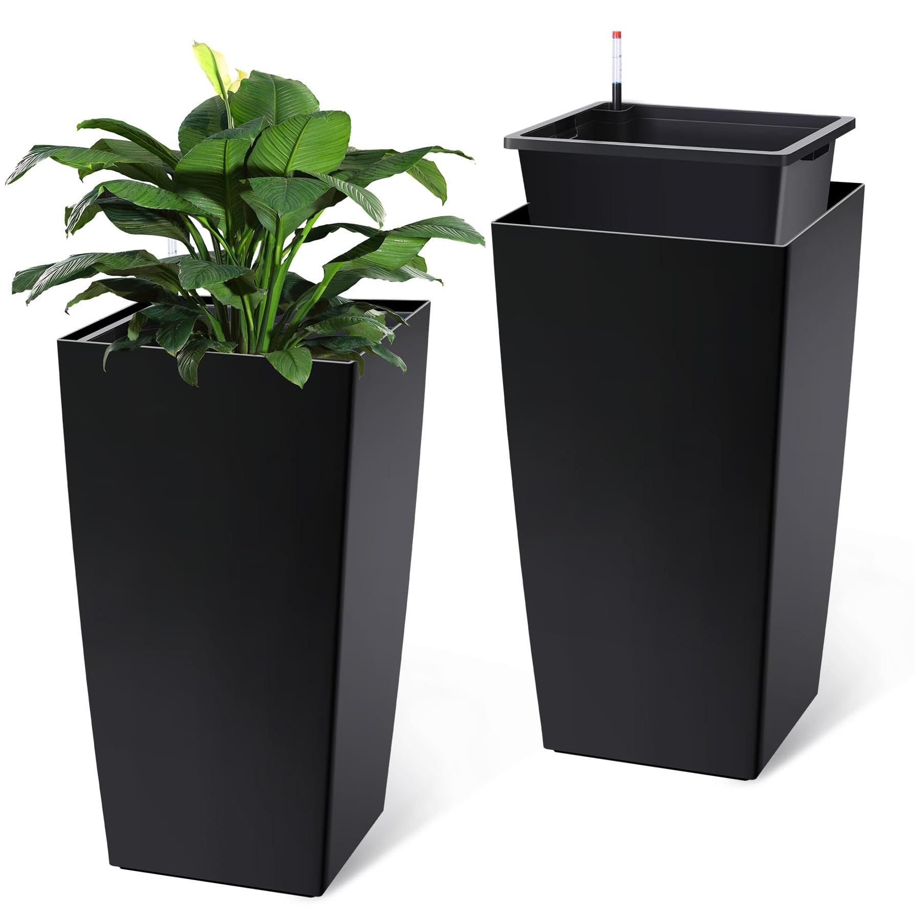 GARVEE 30 Inch Tall Flower Pots Set of 2 - Self Watering Planters with Drainage Holes & Water Level Indicator - Heavy Duty Indoor Outdoor Garden Plant Containers - Perfect for Patio, Balcony, and Home Decor (Black)