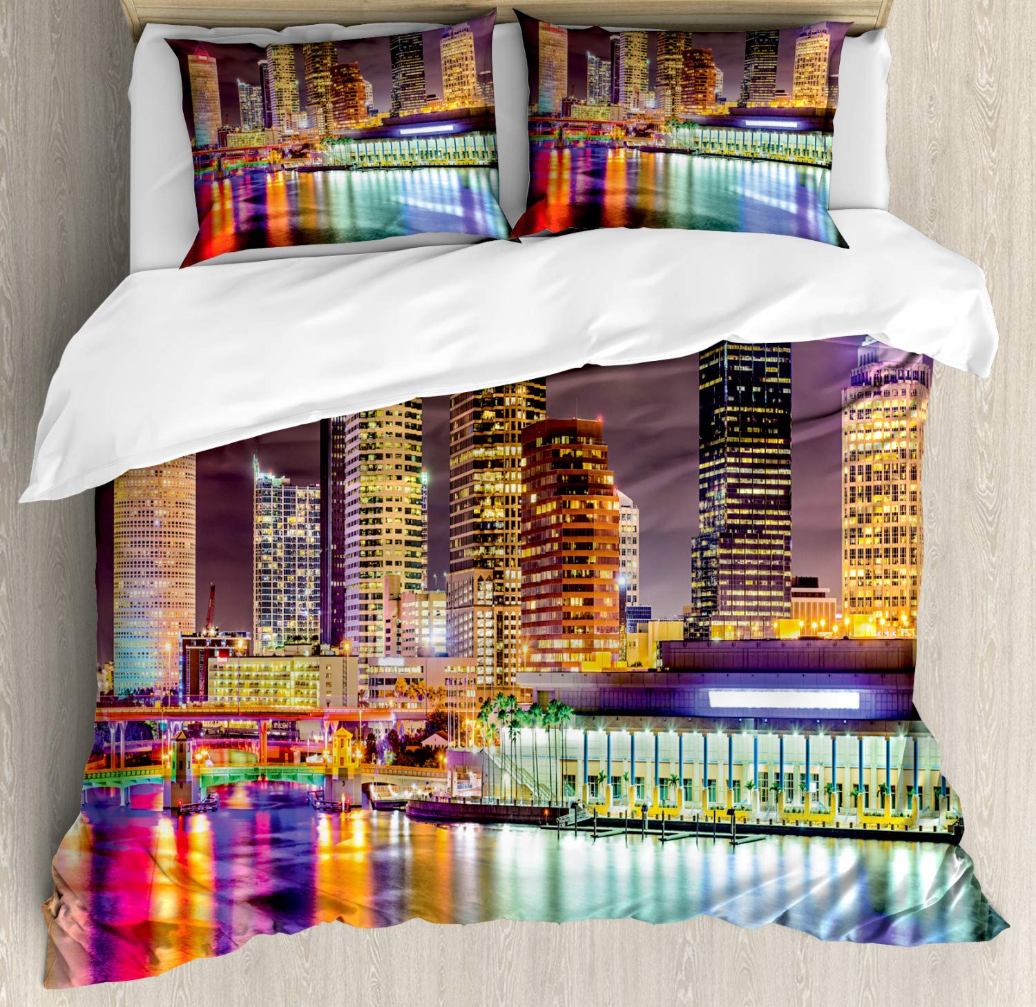 **Ambesonne City Duvet Cover Set - Downtown Tampa Florida Silhouette from Hillsborough River Scenic Travel Destination - 3-Piece King Size Bedding Set with 2 Pillow Shams, Multicolor - Perfect for Home Decor, Travel Enthusiasts & Gift Ideas**