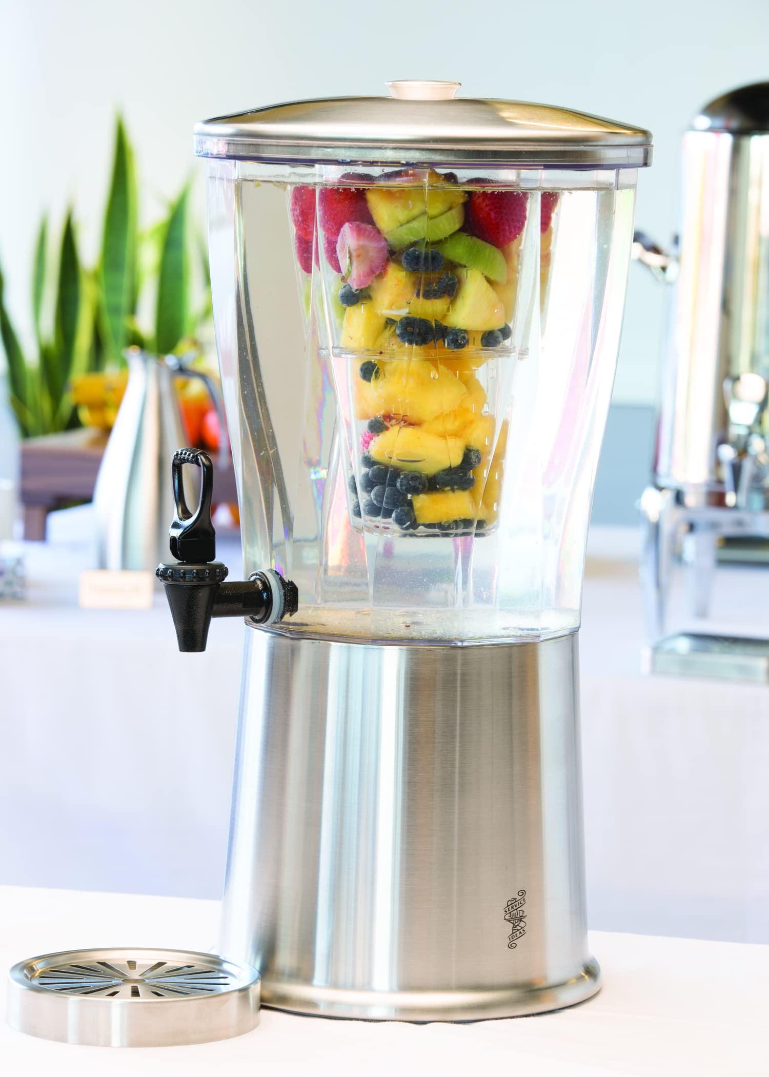 3 Gallon Round Beverage Dispenser with Plastic Container & Infuser Tube - Stainless Steel Base & Lid, NSF Certified - Perfect for Parties, Events & Catering
