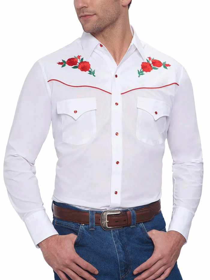 Ely Cattleman Men's Western Shirt with Red Rose Embroidery - Long Sleeve White Cowboy Shirt for Rodeo, Country Music Festivals & Casual Wear