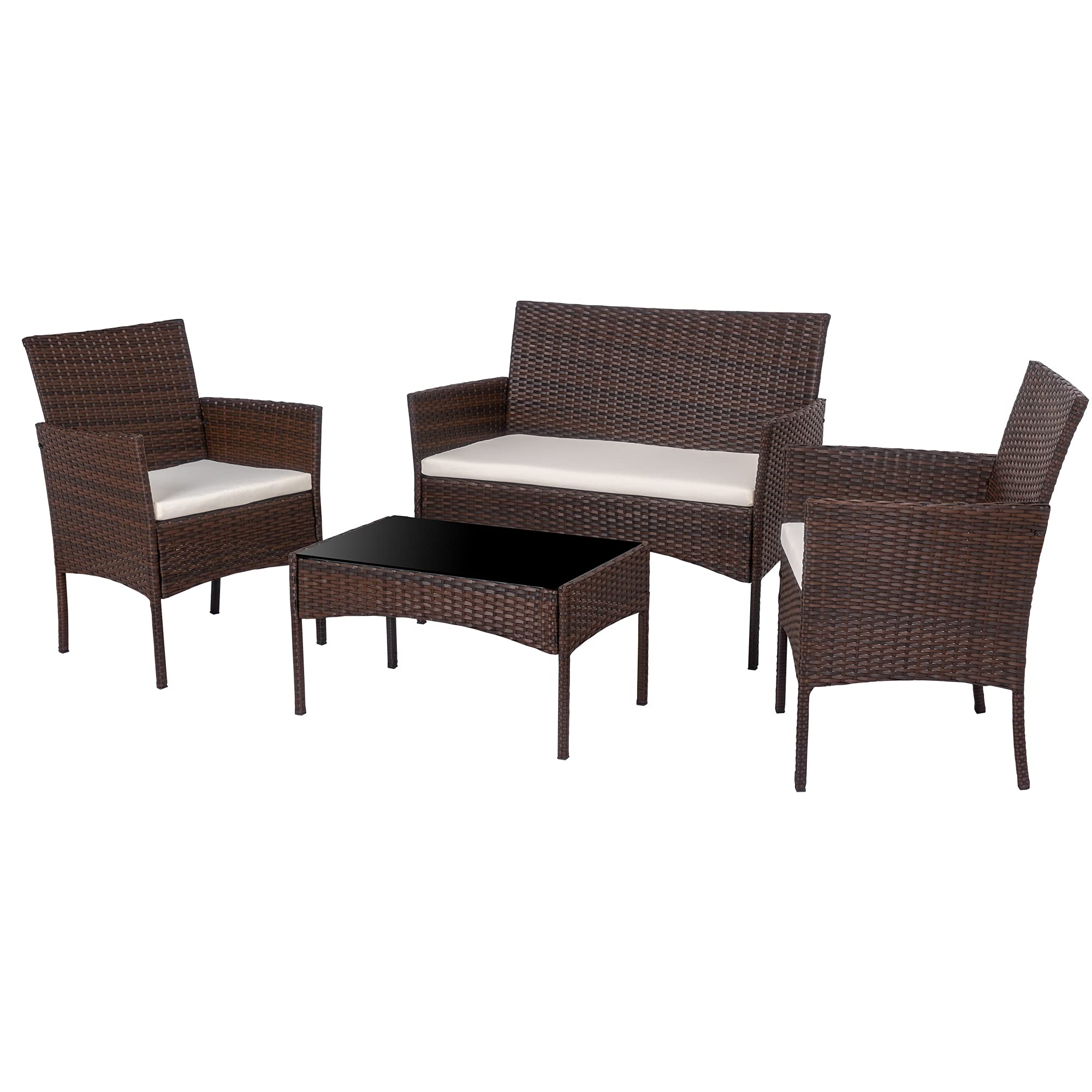 Shintenchi 4-Piece Outdoor Patio Furniture Set - Wicker Rattan Chairs with Tempered Glass Coffee Table for Backyard, Porch, Garden, Poolside & Balcony - Brown - Perfect for Relaxing, Entertaining & Outdoor Dining