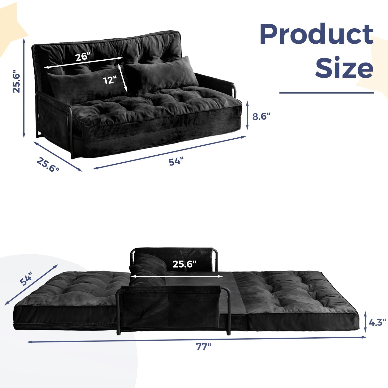 MAXYOYO Adjustable Floor Sofa Couch - Velvet Convertible Lazy Sofa Sleeper Bed with Pillows & Armrests, Double Size in Black | Perfect for Small Spaces, Living Rooms & Guest Beds