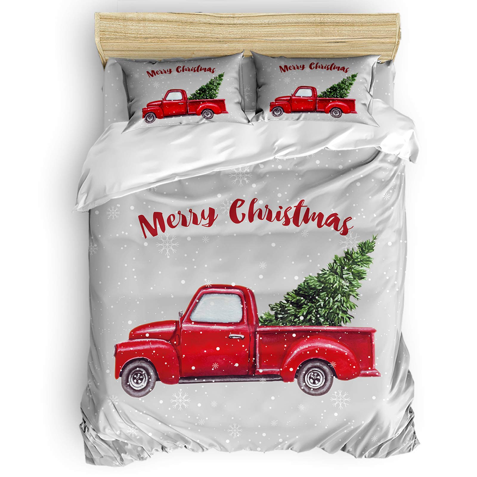 ALAGEO Christmas Red Truck with Tree Bedding Set - 4 Piece Winter Snowflake Duvet Cover Set Queen Size (1 Quilt Cover, 1 Flat Sheet, 2 Pillowcases) - Cozy Holiday Home Decor for Bedroom & Guest Room