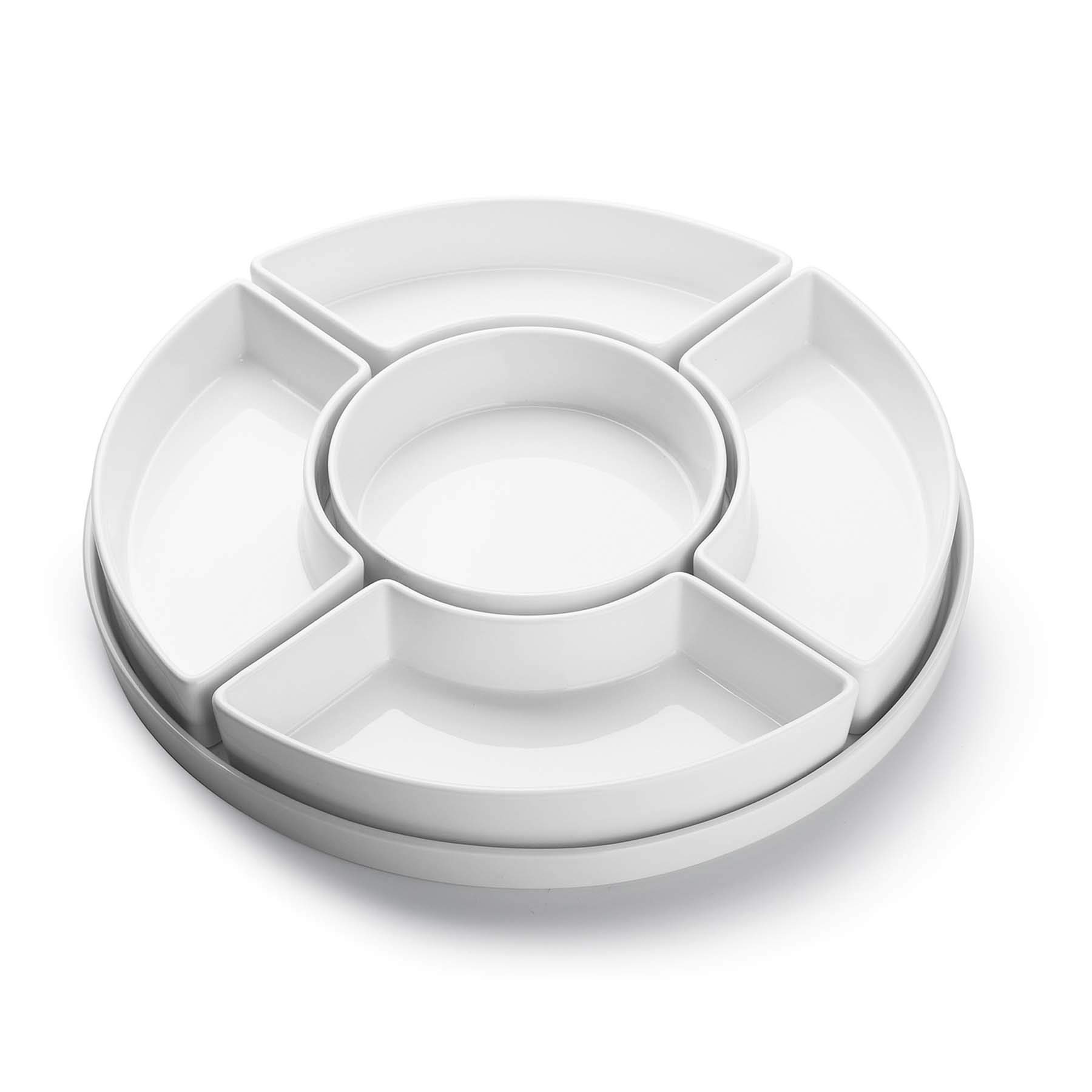 Sweese 707.001 Porcelain Divided Serving Platter - 3 Compartment Appetizer Tray for Chips, Dips, Veggies, Candy & Snacks | Perfect for Parties, Entertaining, Potlucks & Holiday Gatherings | Classic White Dishware