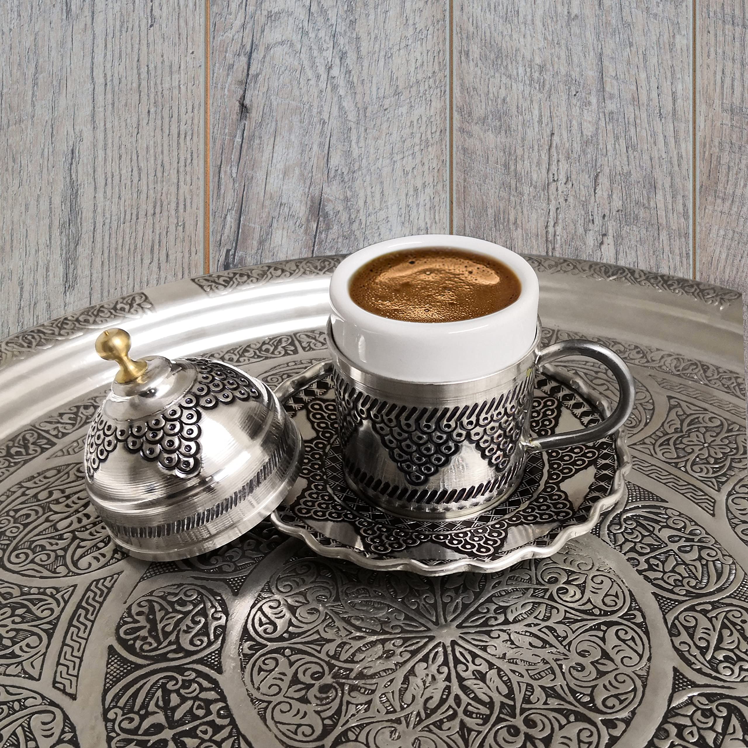 Turkish Copper Coffee Cup Set of 6 with Tray - Vintage Espresso Cups in Velvet Gift Box, Nickel Plated Mini Coffee Serving Set for Home, Cafe & Turkish Coffee Ceremony