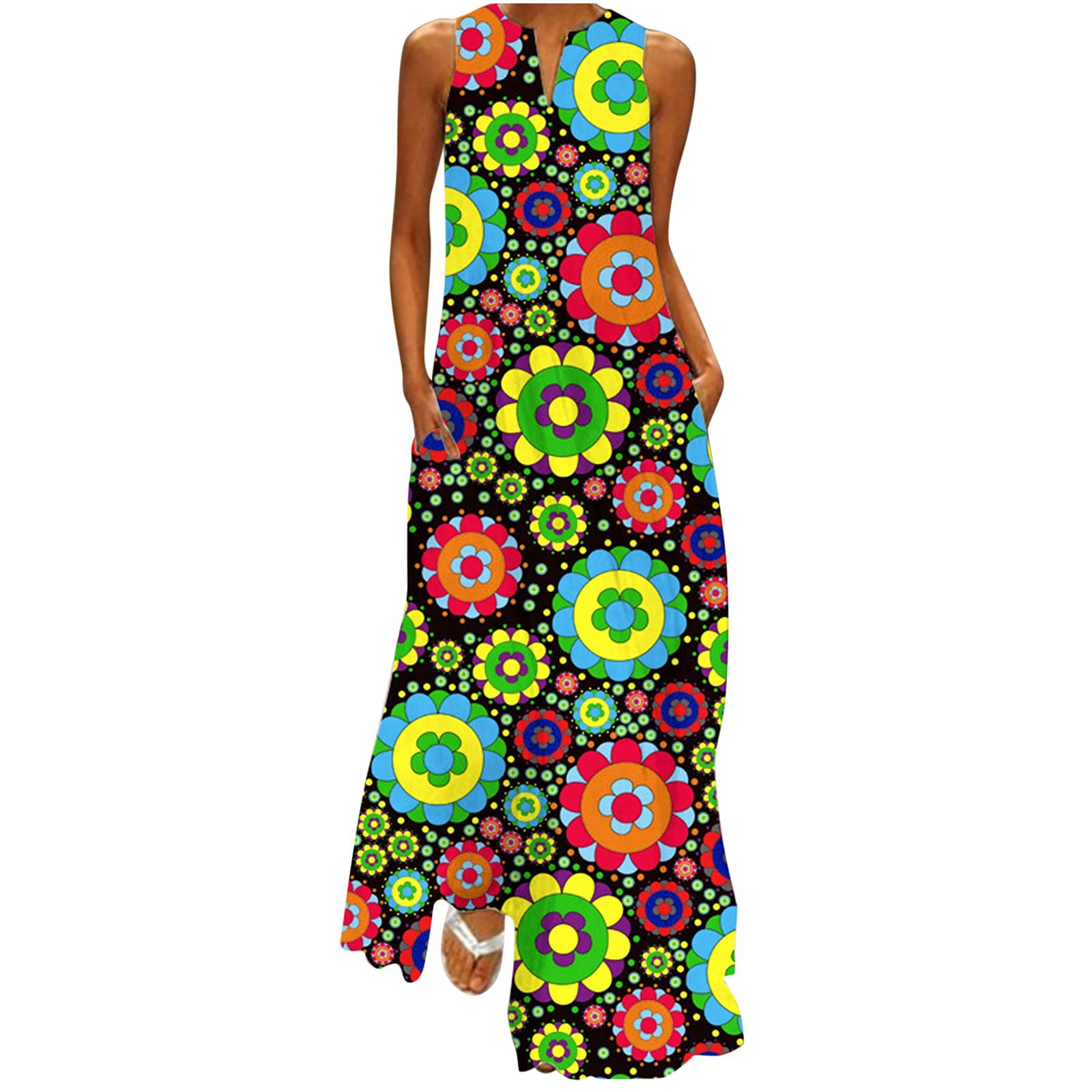 Boho Maxi Dress for Women - Flowy Sleeveless Summer Dress with Floral Print, Wedding Guest Dress, Beach Party & Casual Wear - Perfect for Vacations, Date Nights & Outdoor Events