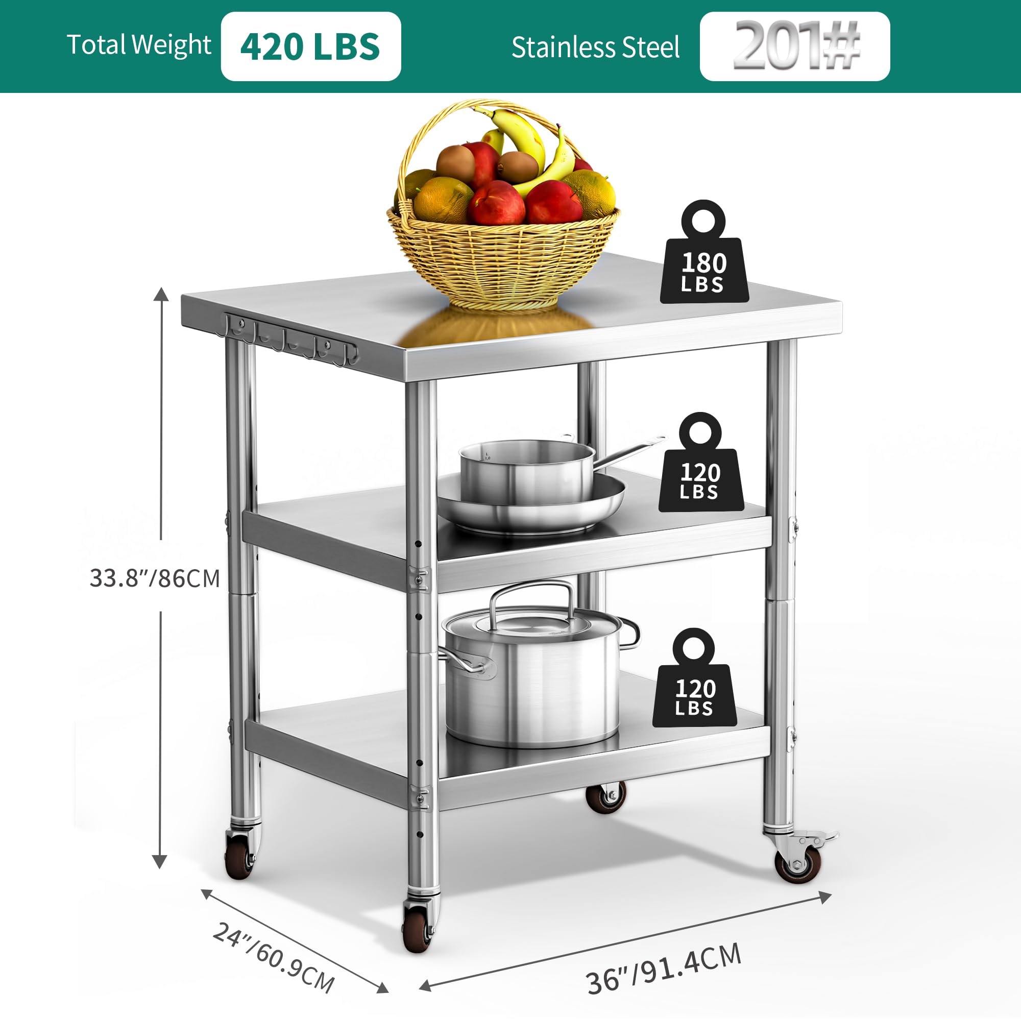 YITAHOME NSF Stainless Steel Table 36x24 Inches - Heavy Duty Work Table with Lockable Wheels & 3 Shelves - Commercial Prep Table for Kitchen, Restaurant, Garage, Warehouse - Ideal for Food Prep, Workshop & Outdoor Use