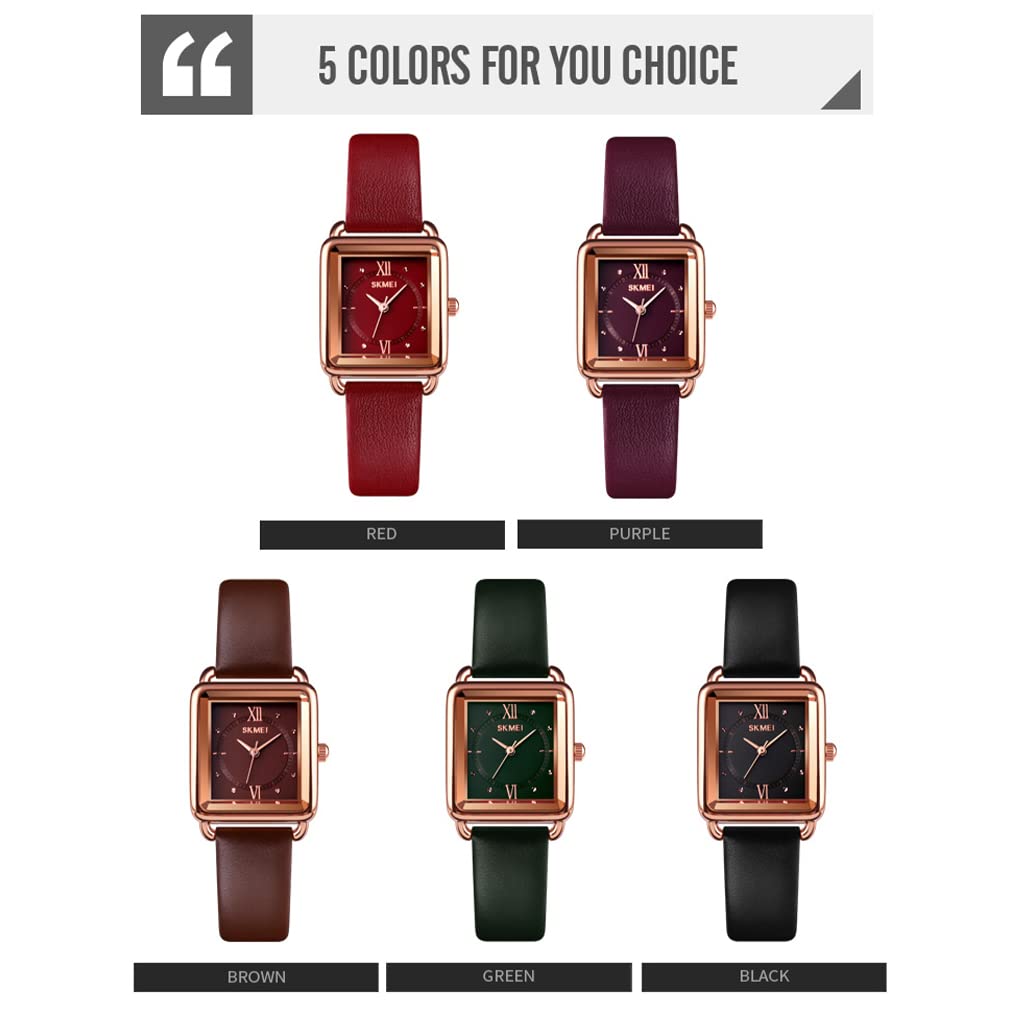 SKMEI Women's Square Watch - Slim Light Leather Band, Waterproof Analog Quartz Watch for Ladies - Perfect for Casual Wear, Office & Gift for Girls