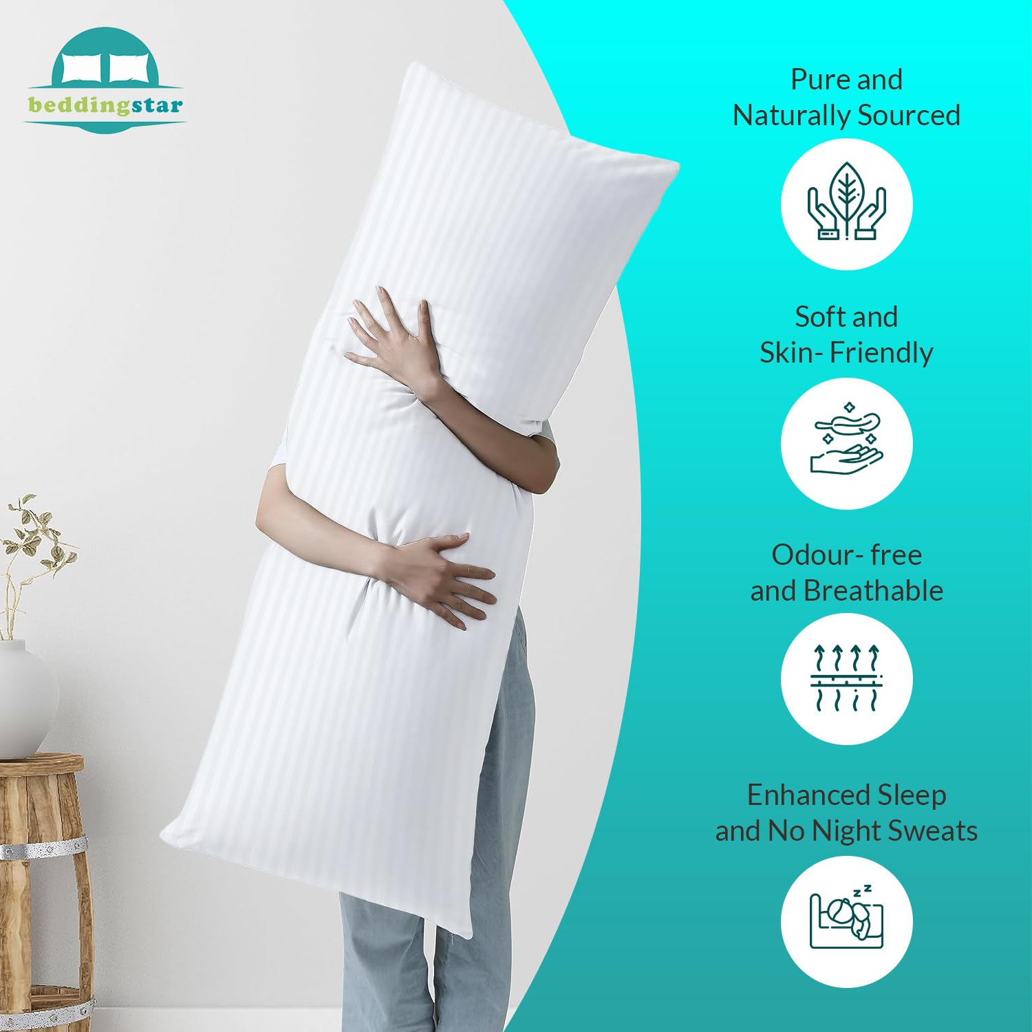 Premium 600 Thread Count 100% Egyptian Cotton Body Pillow Case 20x48 Inches - White Stripe Design with Zipper Closure - Hotel Quality Luxury Pillow Cover (Set of 1) for Bedroom, Sofa & Travel Comfort