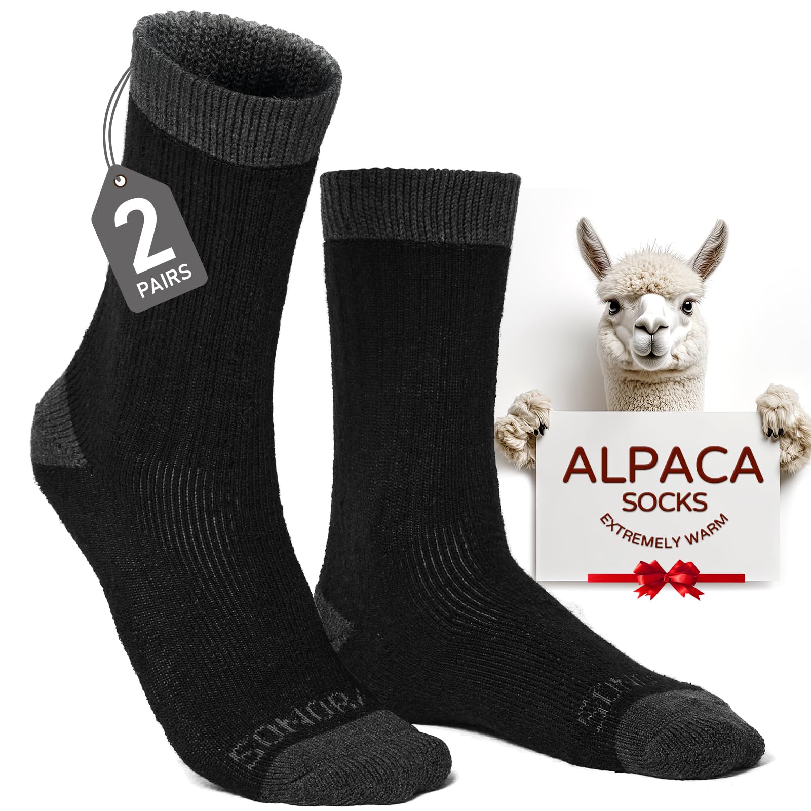 Premium Alpaca Wool Socks for Men & Women - 2 Pairs Moisture Wicking Thermal Crew Socks for Hunting, Hiking & Outdoor Activities - Soft Warm Winter Socks for Camping, Travel & Daily Wear