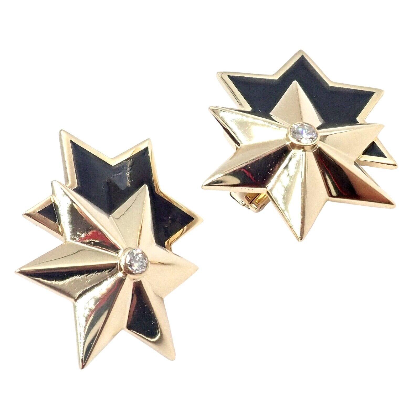 Authentic Verdura 18k Yellow Gold Diamond Black Enamel Double Star Earrings - Luxury Jewelry for Evening Gala & Special Occasions