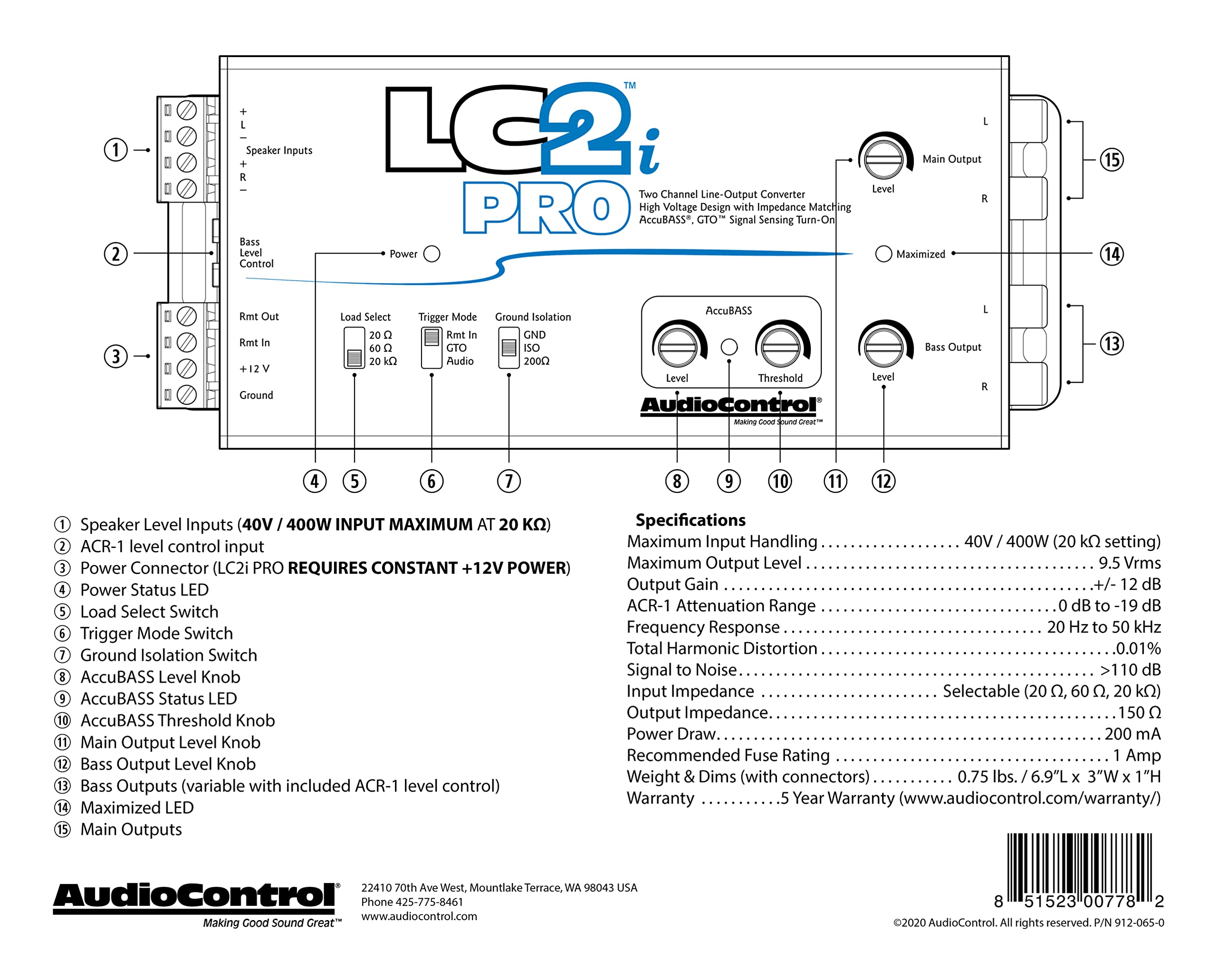 AudioControl LC2i PRO 2-Channel Line Output Converter with Wireless Qi Charger - Impedance Matching, AccuBASS & GTO Technology - Car Audio System Upgrade for Amplifiers & Subwoofers - Includes ACR-1 Dash Remote Control - Perfect for DIY Car Stereo Installations & Professional Sound Systems