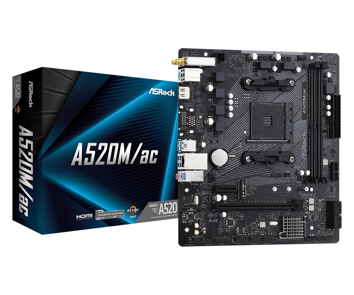 ASRock A520M/ac DDR4 AMD AM4 Micro ATX Motherboard - Perfect for Gaming PCs, Home Office & Budget Builds