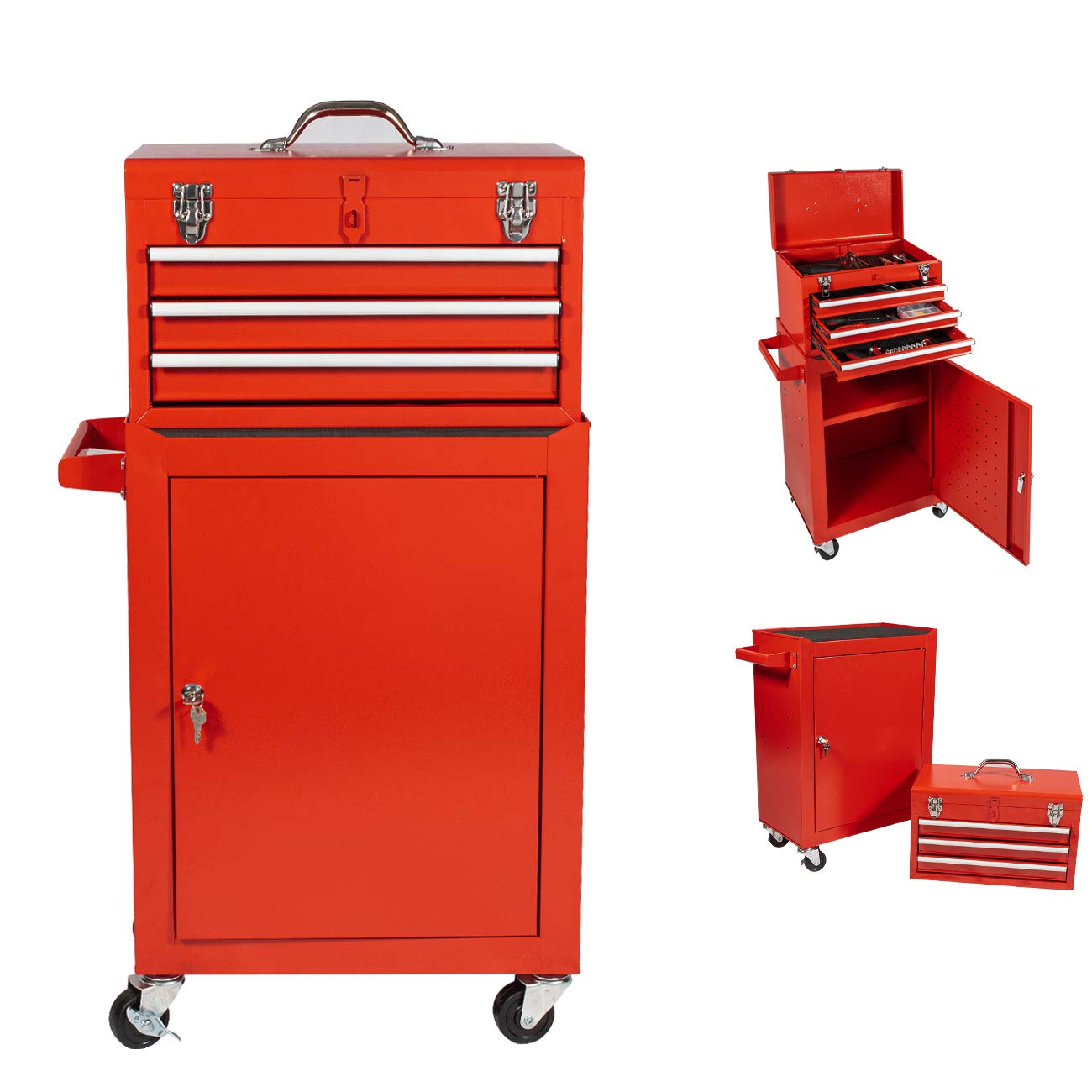 X&T 2-Piece Rolling Tool Chest Set - Heavy Duty Metal Tool Box with 4 Wheels & 3 Lockable Drawers, Portable Garage Workshop Storage Cabinet for Mechanics & DIY (Red) - Perfect for Home Garage, Auto Repair Shops & Construction Sites
