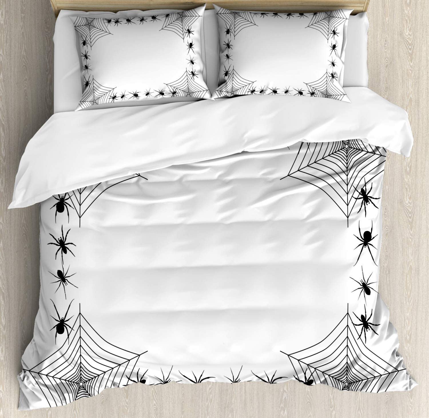 Ambesonne Halloween Duvet Cover Set - Creepy Venom Poison Trap Cartoon Style Monochrome Spooky Print 3-Piece Bedding Set with 2 Pillow Shams, Queen Size, White & Black | Perfect for Spooky Bedroom Decor, Halloween Party Themes & Gothic Home Decorations