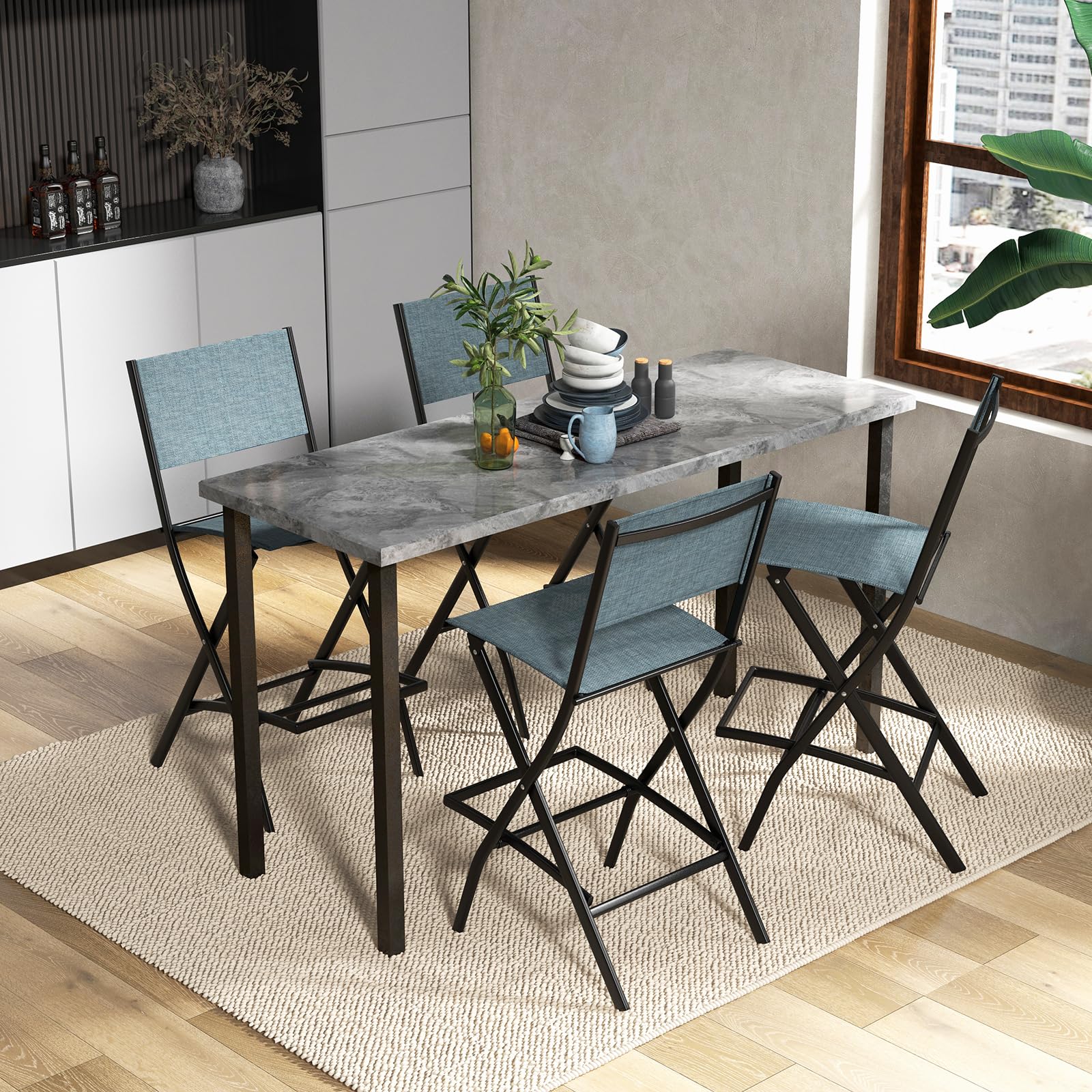 Giantex Set of 2 Folding Outdoor Bar Chairs - Counter Height Patio Stools with Backrest & Footrest, All-Weather Metal Frame for Porch, Deck, Garden - Light Blue | Perfect for Backyard BBQs, Poolside Lounging & Outdoor Entertaining