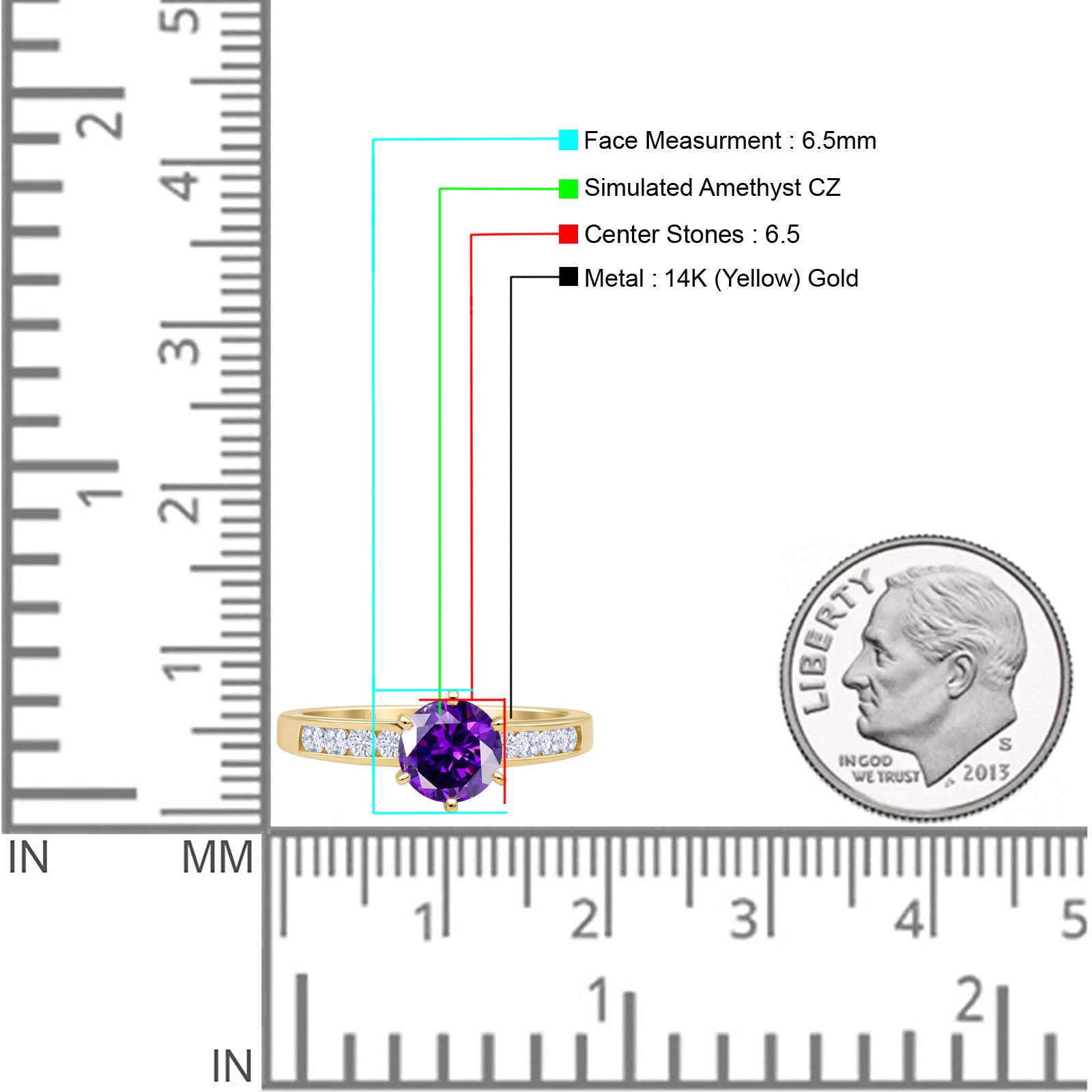 14K Yellow Gold Round Amethyst Cubic Zirconia Cathedral Ring for Women - Elegant Wedding, Engagement & Evening Party Jewelry Gift