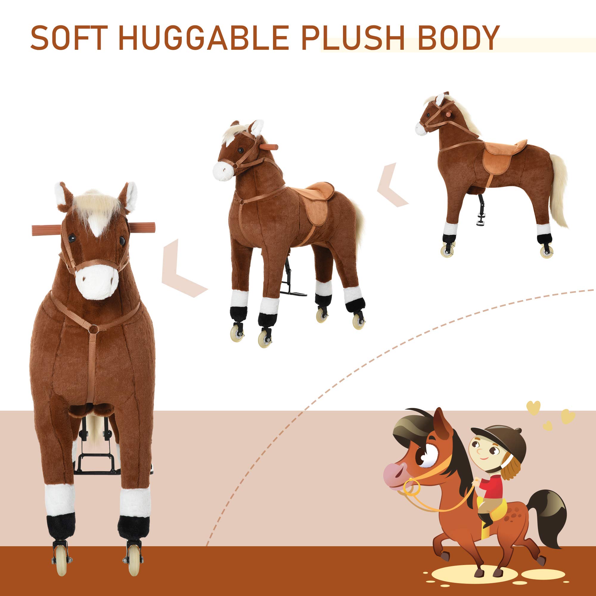 Qaba Kids Ride-on Walking Horse Toy with Easy Rolling Wheels - Soft Huggable Plush Body - Large Size for Ages 5-16 - Perfect for Indoor Play, Outdoor Fun & Imaginative Playtime