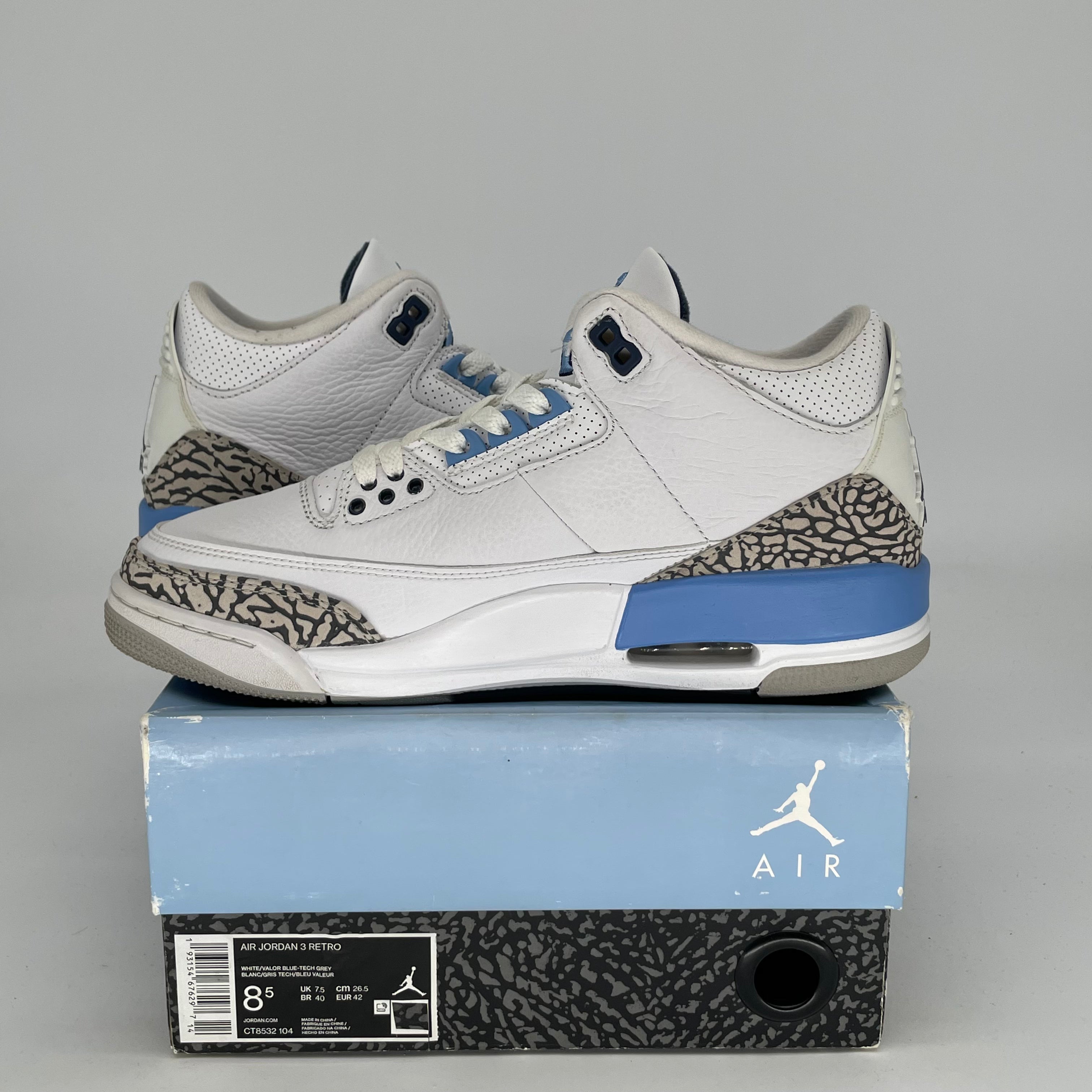 AIR JORDAN 3 UNC Sneakers - Men's Size 8.5/Women's Size 10 - Style CT8532-104 - Classic Blue & White Basketball Shoes for Casual Wear & Sports