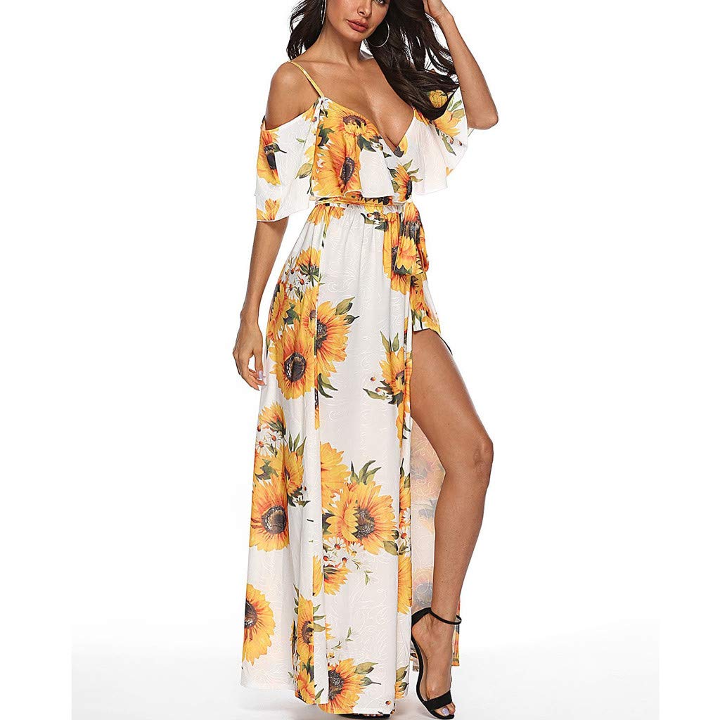 AIHIHE Women's Summer Spaghetti Strap Sundress - Casual Floral Maxi Dress with Belt, Backless Swing Design (White, Large) | Perfect for Beach Vacations, Date Nights & Summer Outings