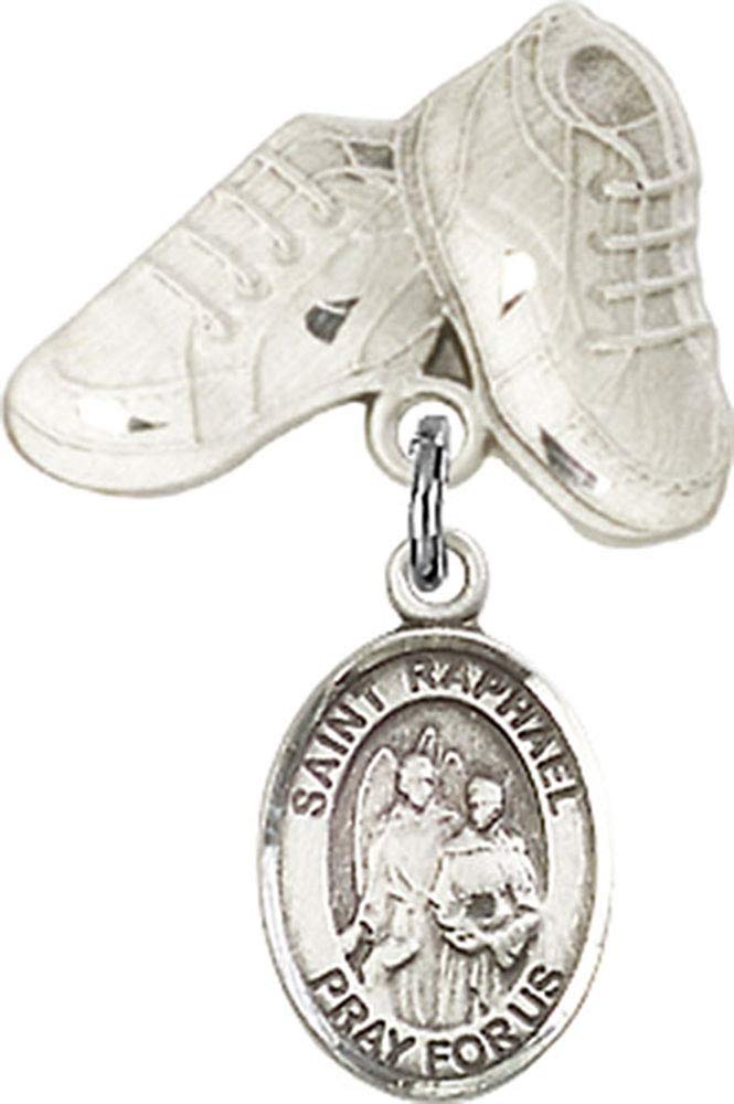 Sterling Silver Baby Badge with St. Raphael the Archangel Charm & Baby Boots Pin | Handmade in USA | Baptism Gift, Christening Keepsake, Newborn Blessing Jewelry