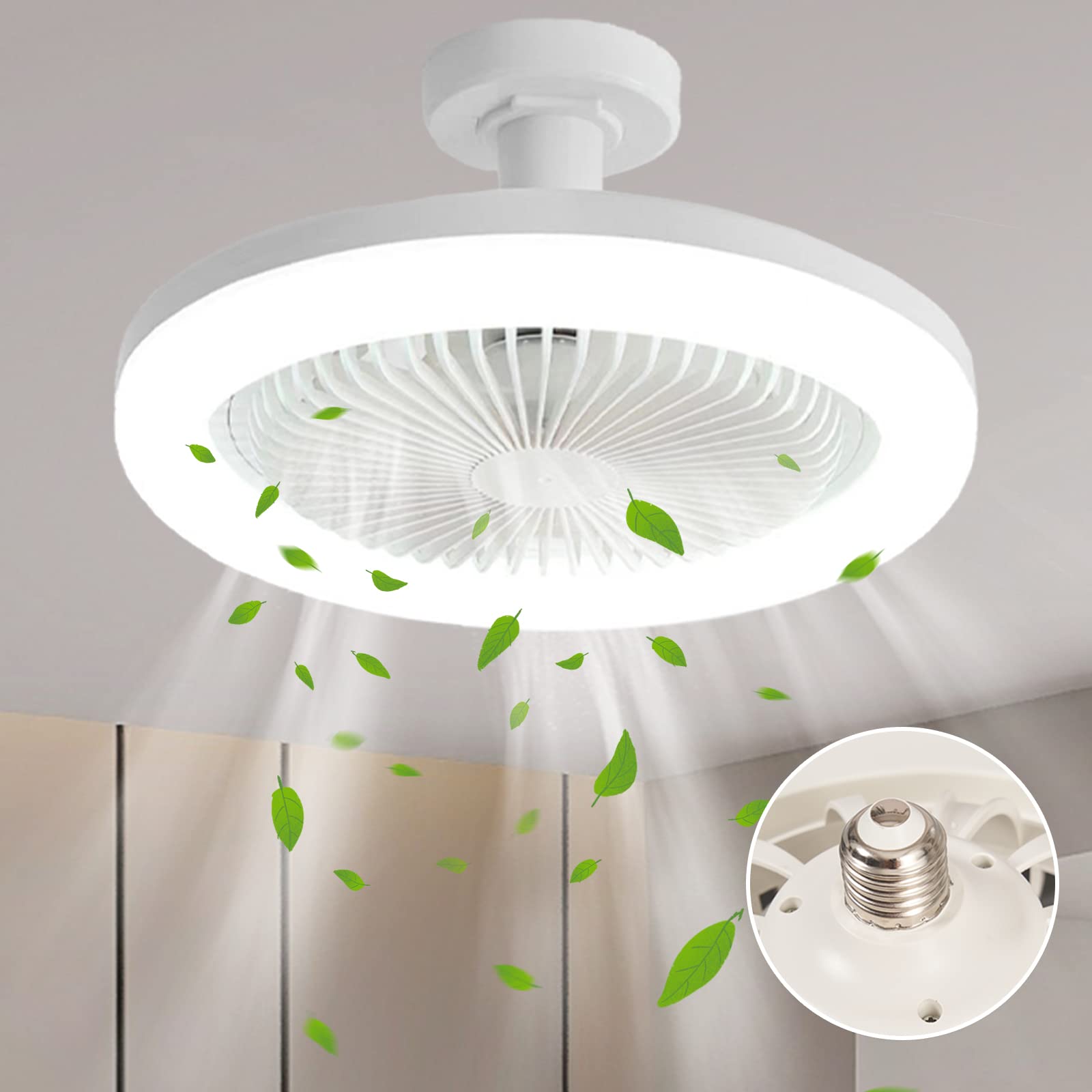 AHXIAOZN Low Profile Bladeless Ceiling Fan with LED Light - 28cm White Semi-Flush Mount Mini Ceiling Fan for Bedroom, Kitchen, Nursery & Small Spaces