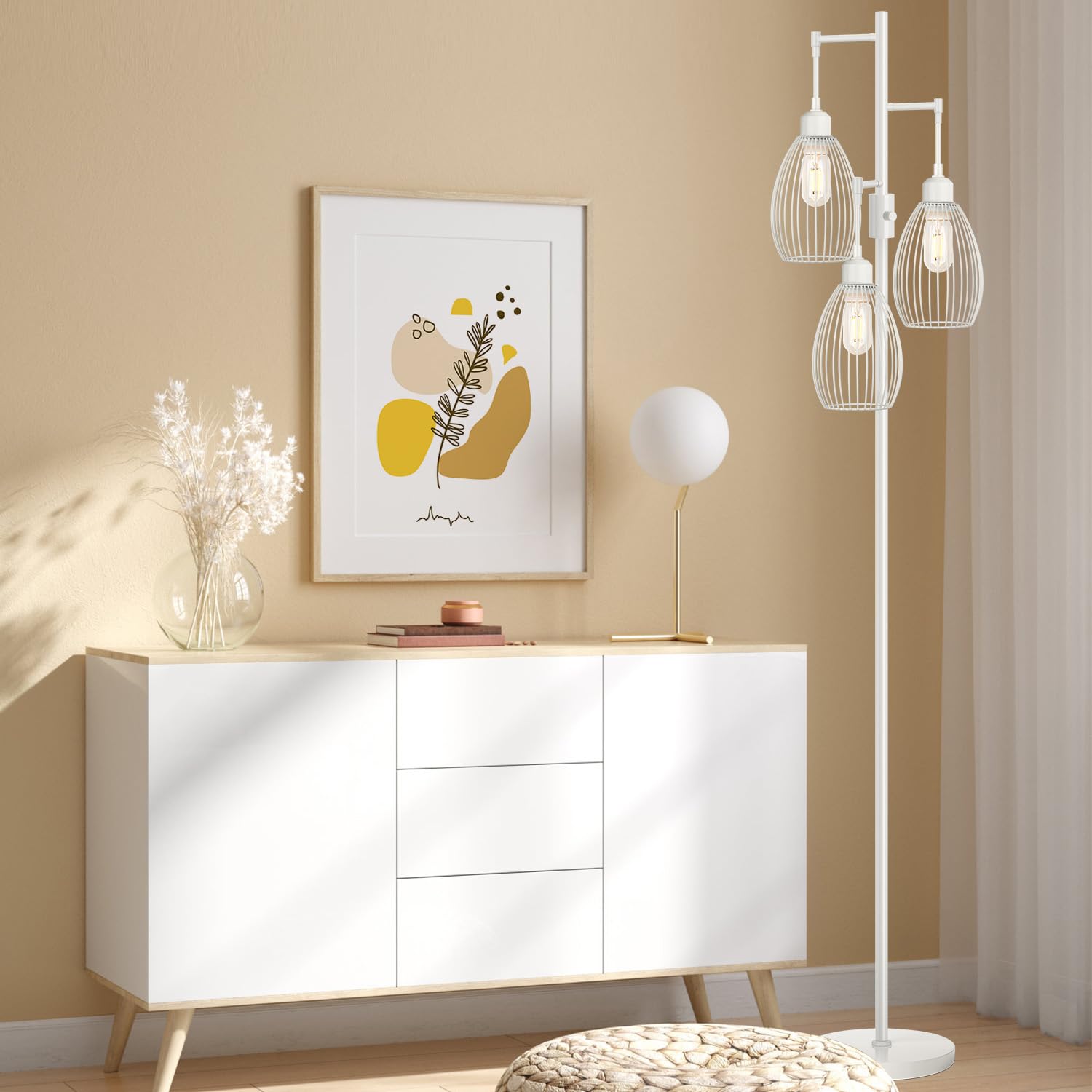 Dimmable Industrial Farmhouse Floor Lamp with 3 x 800LM LED Edison Bulbs - Elegant Teardrop Cage Design Standing Lamp for Living Room, Bedroom, Office & Dining Room - Perfect for Reading, Relaxing & Ambient Lighting - White