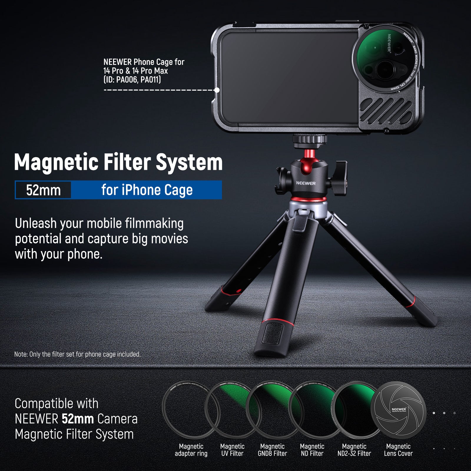 NEEWER 52mm Magnetic Camera Lens Filters for iPhone 14 13 12 Pro Max - Compatible with M Mount Lenses & Phone Cage - Perfect for Vlogging, Photography & Cinematic Effects