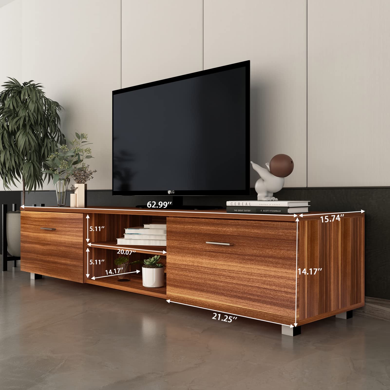 80 Inch Walnut Wood TV Stand with 2 Large Storage Shelves - Entertainment Center Media Console for Living Room & Bedroom - Perfect for Home Theater Setup and Living Room Organization
