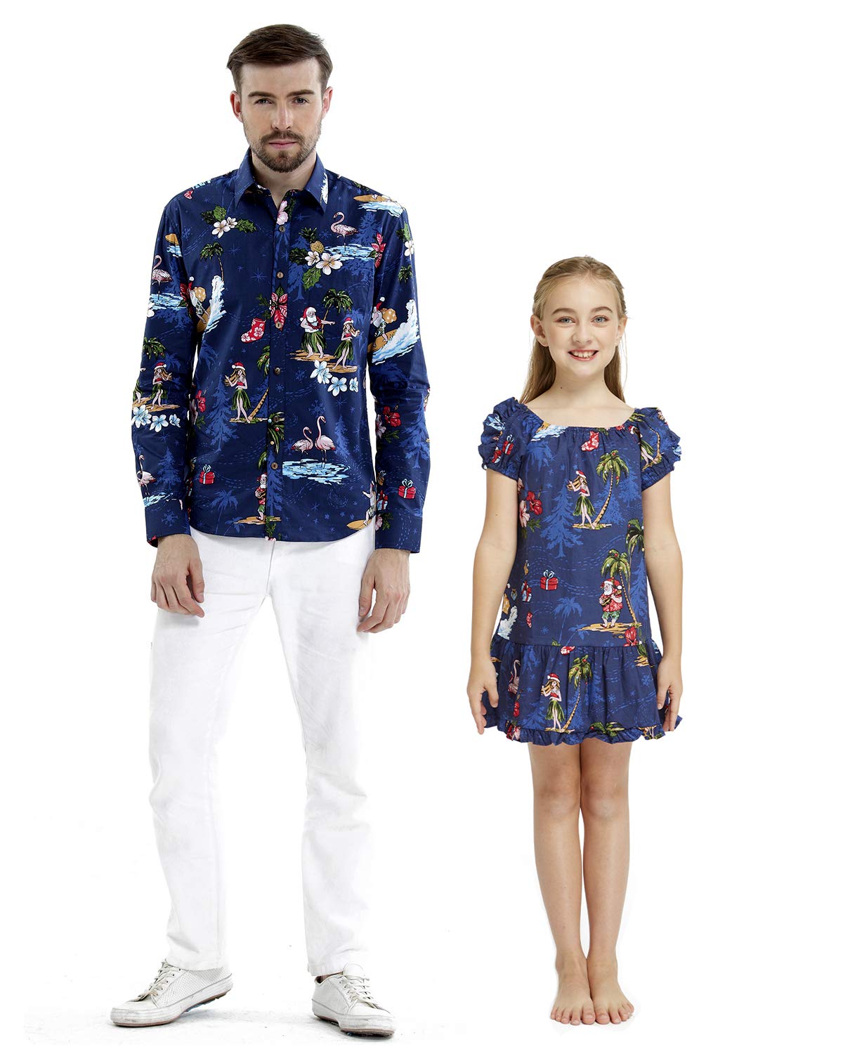 Father Daughter Matching Hawaiian Luau Outfits - Long Sleeve Aloha Shirt & Muumuu Dress Set for Christmas, Holidays, and Family Photos