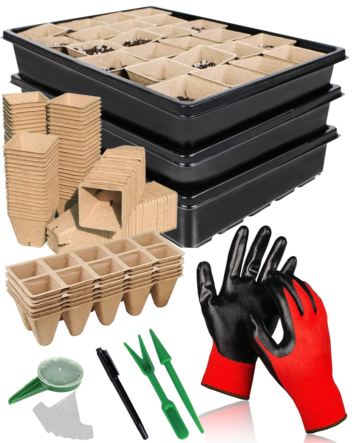 Organic Seed Starter Kit with 100 Biodegradable Pots, 3 Plastic Growing Trays, 50 Plant Markers & 5 Gardening Tools - Complete Indoor/Outdoor Planting Solution for Herbs, Vegetables & Flowers