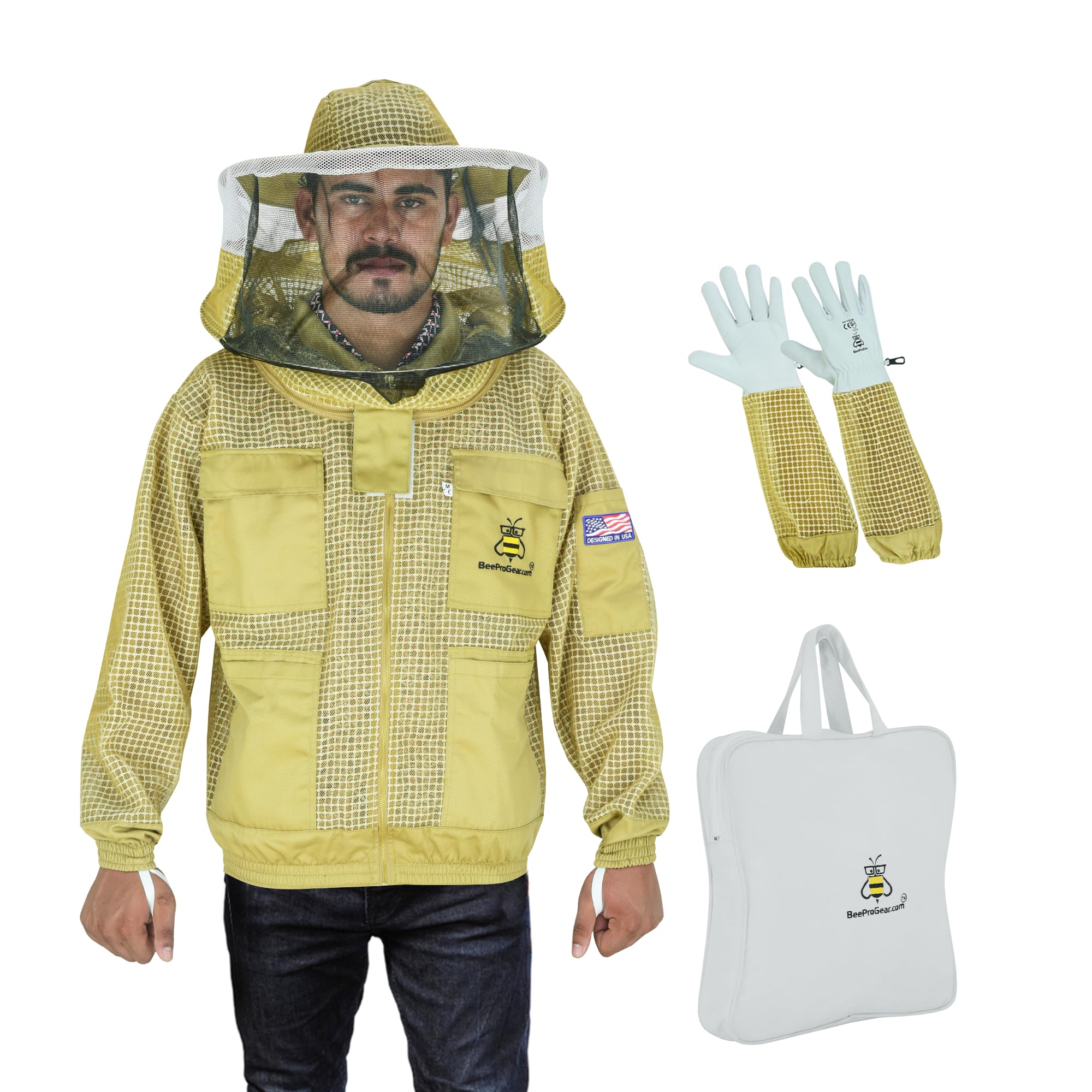 BeeProGear 3-Layer Ultra Mesh Beekeeping Jacket with Round Veil - Sting-Proof Leather Gloves & Storage Bag - Unisex Beekeeping Suit for Men & Women (Brown, 4XL) - Ideal for Honey Harvesting, Hive Inspection & Apiary Protection