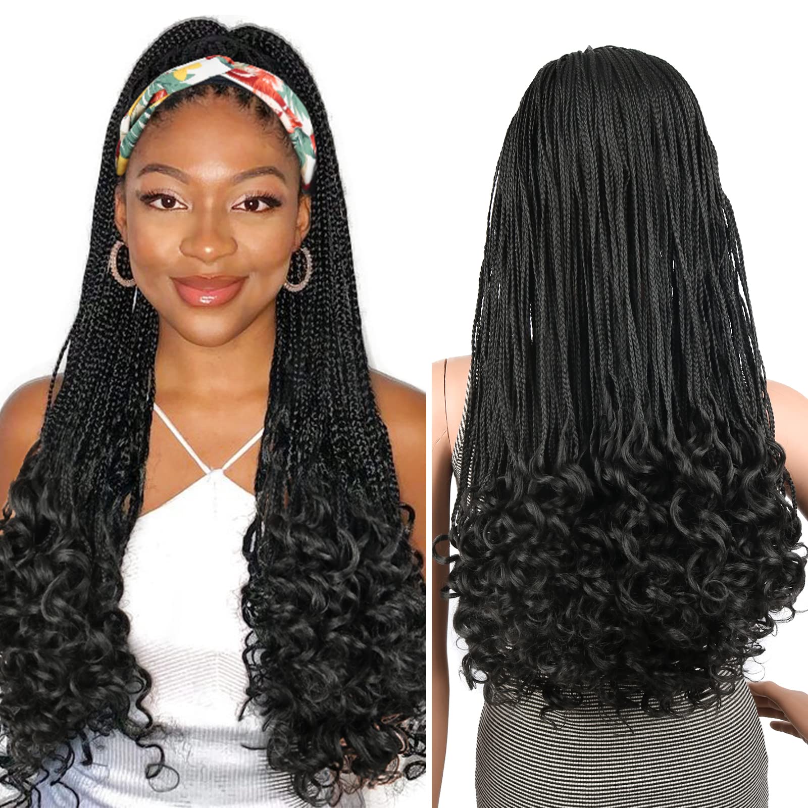 Black Box Braided Headband Wig with Curly Ends for Women - Crochet Braiding Hair with Natural Look | Perfect for Protective Styling, Cosplay & Everyday Wear