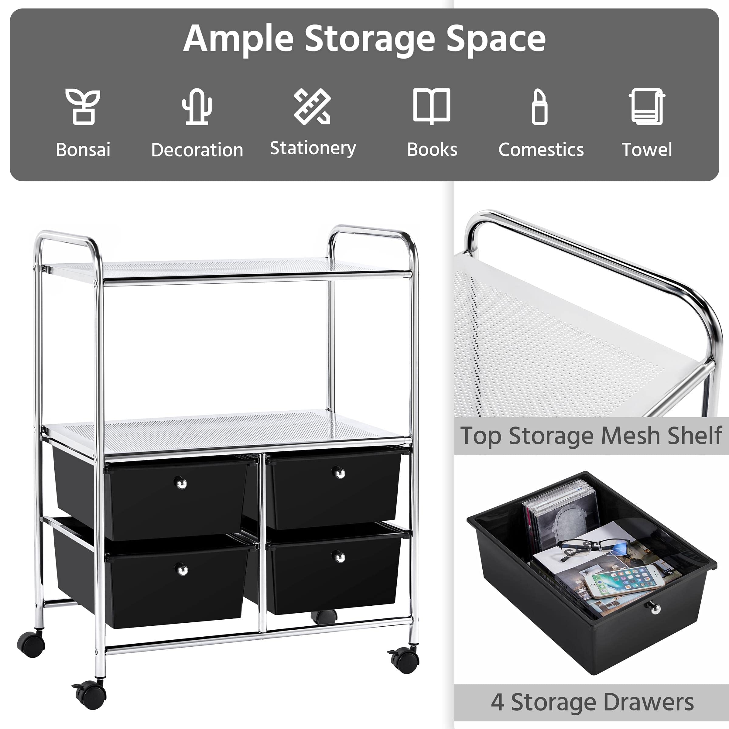 Topeakmart 2-Tier Rolling Storage Cart with 4 Drawers - Sturdy Steel Frame & Plastic Shelves - Mobile Organizer for Kitchen, Bathroom, Office, or Garage Storage Solutions