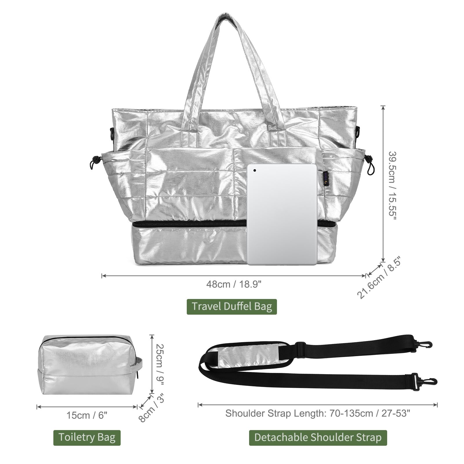 Women's 50L Large Travel Duffel Bag with Shoe Compartment - Waterproof Gym Bag & Weekender Overnight Bag for Women (Silver) - Perfect for Gym, Travel, Sports & Weekend Getaways