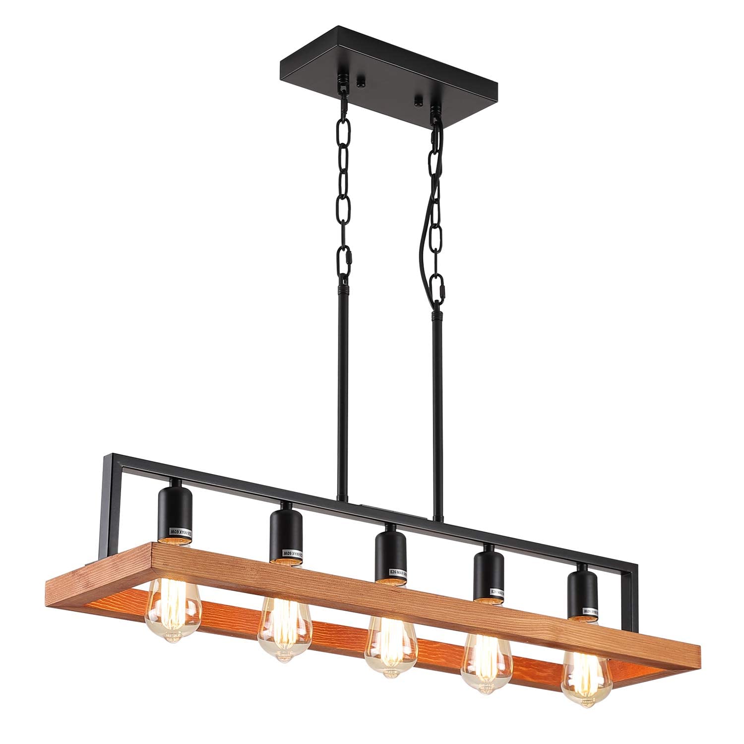 Fivess Farmhouse Wood Kitchen Island Lighting – 5-Light Rustic Industrial Pendant Chandelier in Black Wood & Metal for Dining Room & Kitchen Island | Perfect for Farmhouse, Industrial & Modern Home Decor