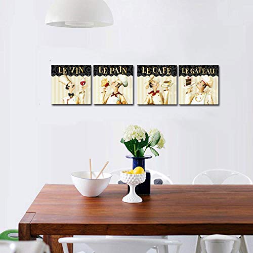 French Chef Wine & Cake Kitchen Wall Art Canvas Set of 4 - Modern Dining Room Decor for Home & Restaurant | Perfect for Kitchen, Cafe & Dining Area Wall Decoration