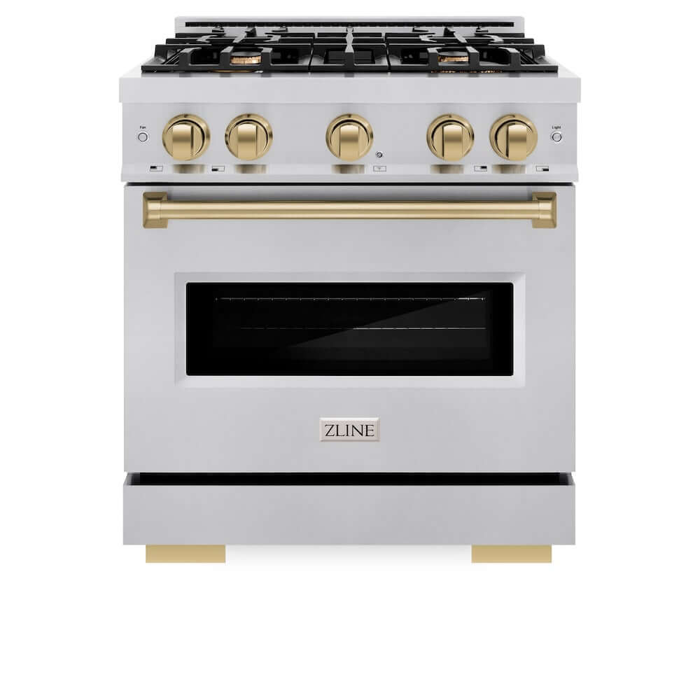 ZLINE Autograph Edition 30-inch 4.2 cu. ft. Stainless Steel Dual Fuel Range - 4 Burner Gas Cooktop & Electric Convection Oven with Champagne Bronze Accents (CDRZ 30 CB) - Perfect for Modern Kitchens & Professional Cooking