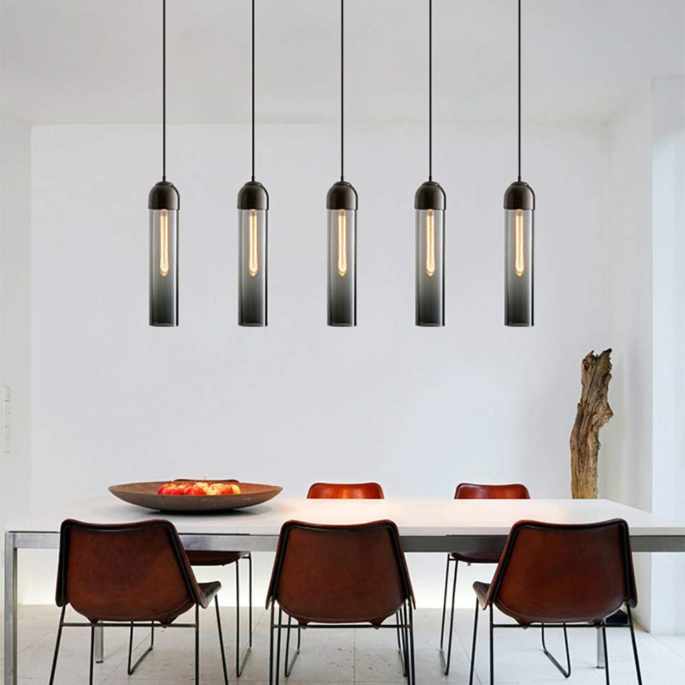 Modern Kitchen Island Pendant Light - Cylindrical Glass Chandelier with Flute Bulb Socket, Smoke Gray | Stylish Ceiling Lighting for Dining Room, Living Room & Bedroom Decor