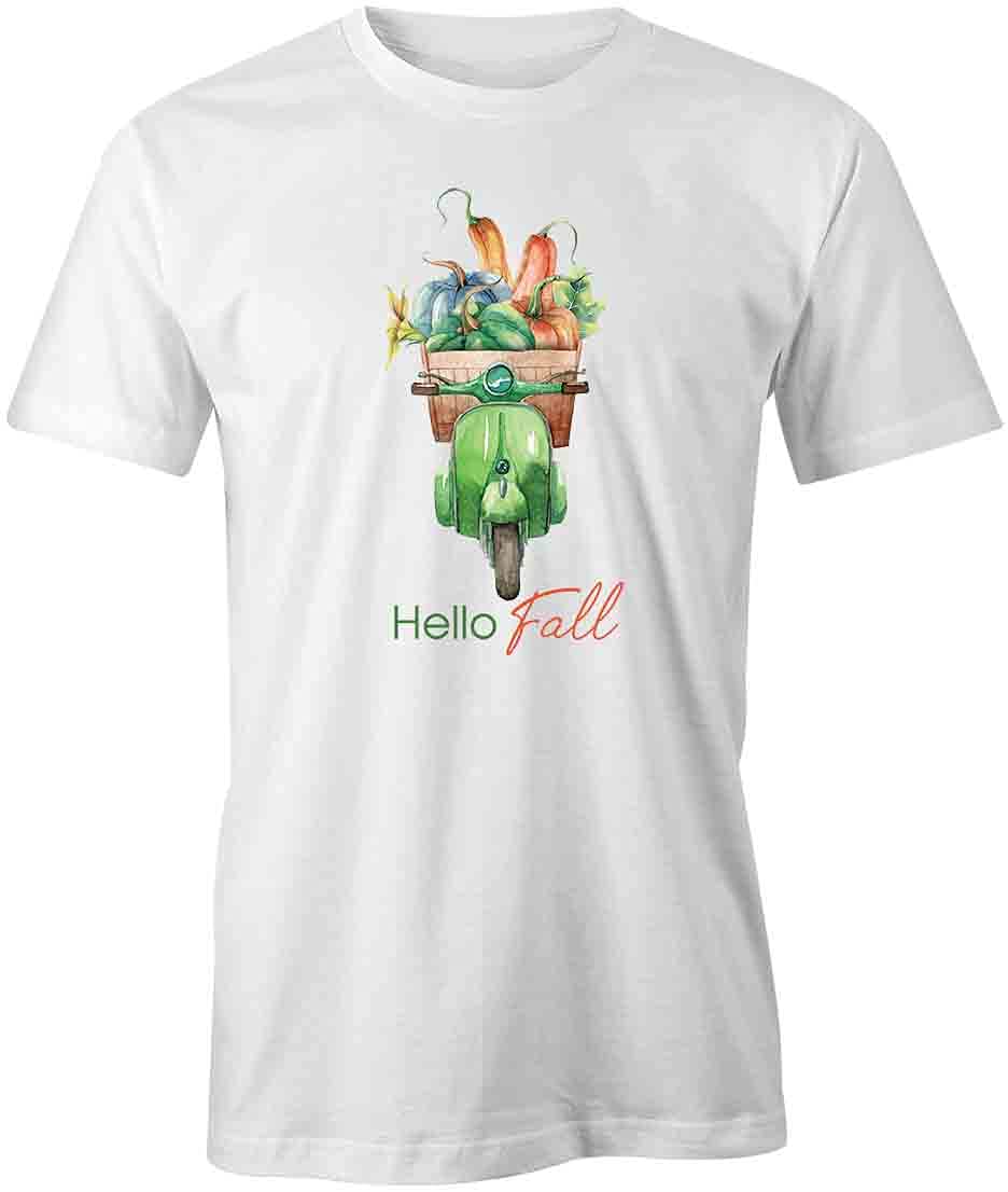 Hello Fall T-Shirt for Women & Men | Soft Cotton Graphic Tee with Autumn Print | White Printed T-Shirts for Casual Wear, Pumpkin Patch Outings & Cozy Seasonal Style