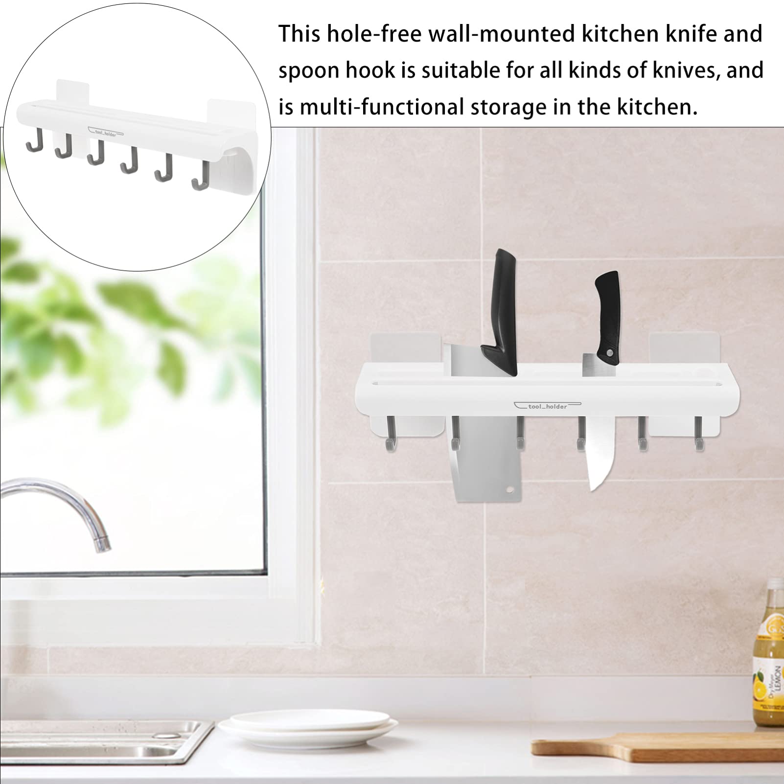 Stainless Steel Kitchen Utensil Holder with Hooks - Wall Mounted Organizer for Spoons, Ladles & Mugs - Perfect for Small Kitchen Space Saving & Organization