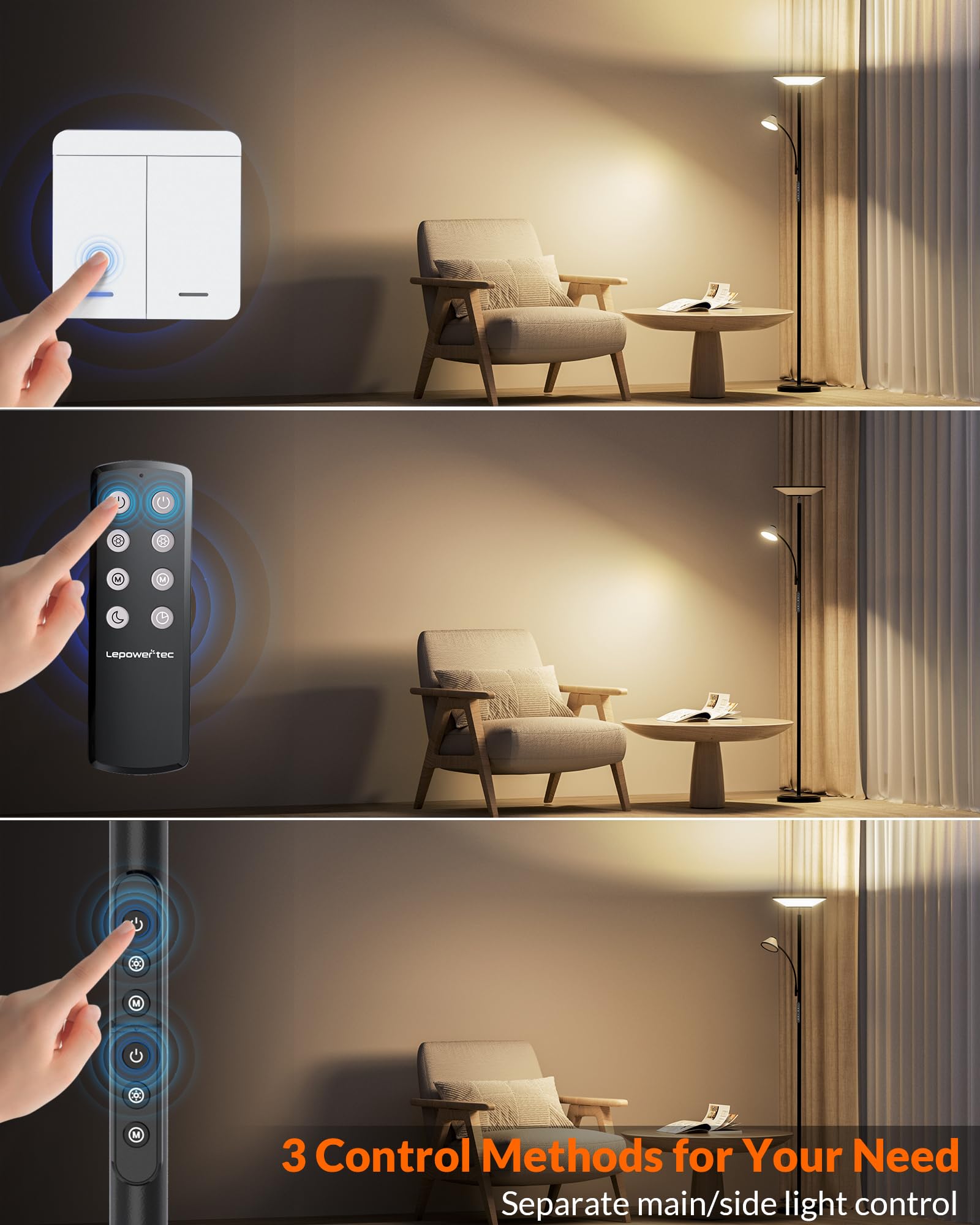 Bright LED Floor Lamp with Remote & Wall Switch - 60 Lighting Effects, Adjustable Torchiere Standing Lamp for Living Room, Bedroom, Office - Perfect for Reading, Relaxing & Ambient Lighting