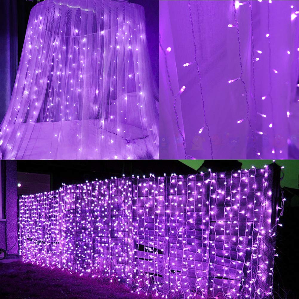 Twinkle Star 300 LED Curtain String Lights 6.6x9.8ft - Fairy Lights with Remote Control & Timer, Waterproof Outdoor/Indoor Decorative Lighting for Halloween Party, Bedroom, Wedding, Garden, Christmas Decor (Purple)