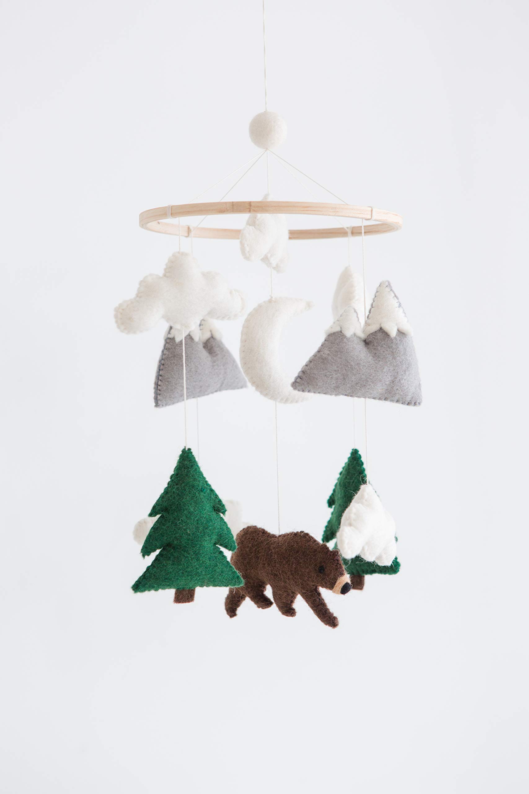 Bear and Mountain Baby Felt Mobile - Woodland Bear Nursery Decor, Wilderness Theme Neutral Nursery Mobile, Handmade Forest Animal Crib Mobile for Boys & Girls - Perfect for Baby Showers, Nursery Decorations and Newborn Gifts