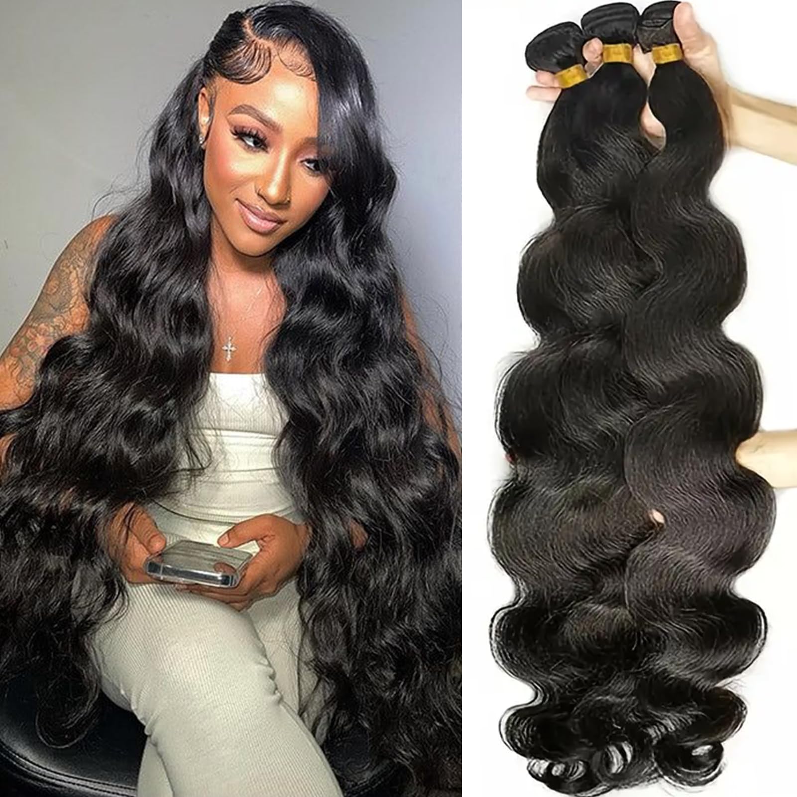 26 28 30 Inch Brazilian Body Wave Human Hair Bundles - 100% Unprocessed Virgin Hair (300g, 3 Bundles, 10A Grade) - Natural Black Color Hair Extensions for Styling, Volume & Length - Perfect for Daily Wear, Parties & Special Occasions