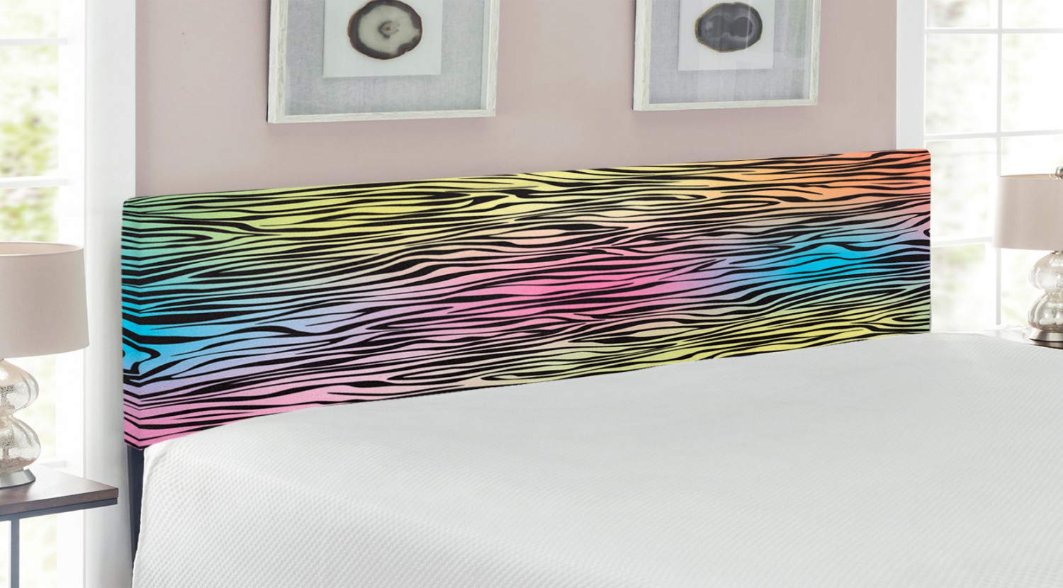 Ambesonne Zebra Print Headboard - Colorful Animal Wilderness Themed Upholstered King Size Headboard with Memory Foam | Yellow Coral Pink Decorative Metal Bed Frame | Perfect for Jungle Safari Nursery, Kids Room or Bohemian Bedroom Decor